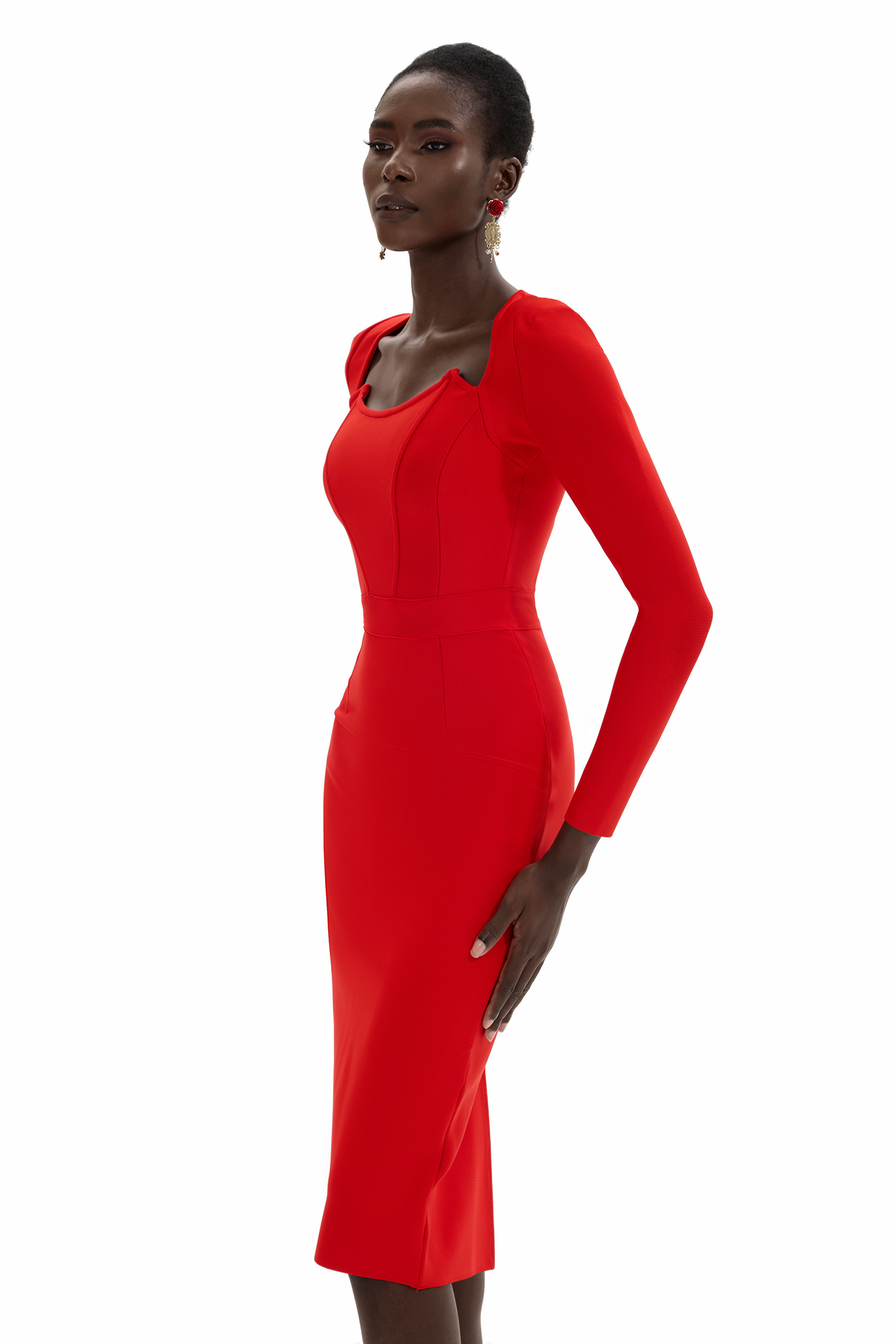 Jersey Solid Long Sleeve Midi Dress