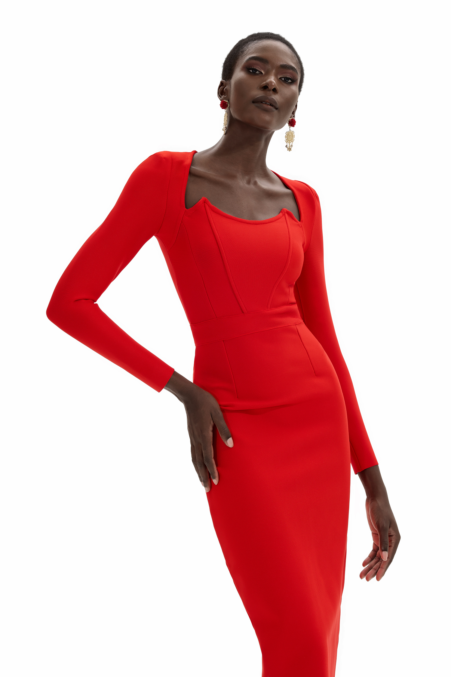 Jersey Solid Long Sleeve Midi Dress