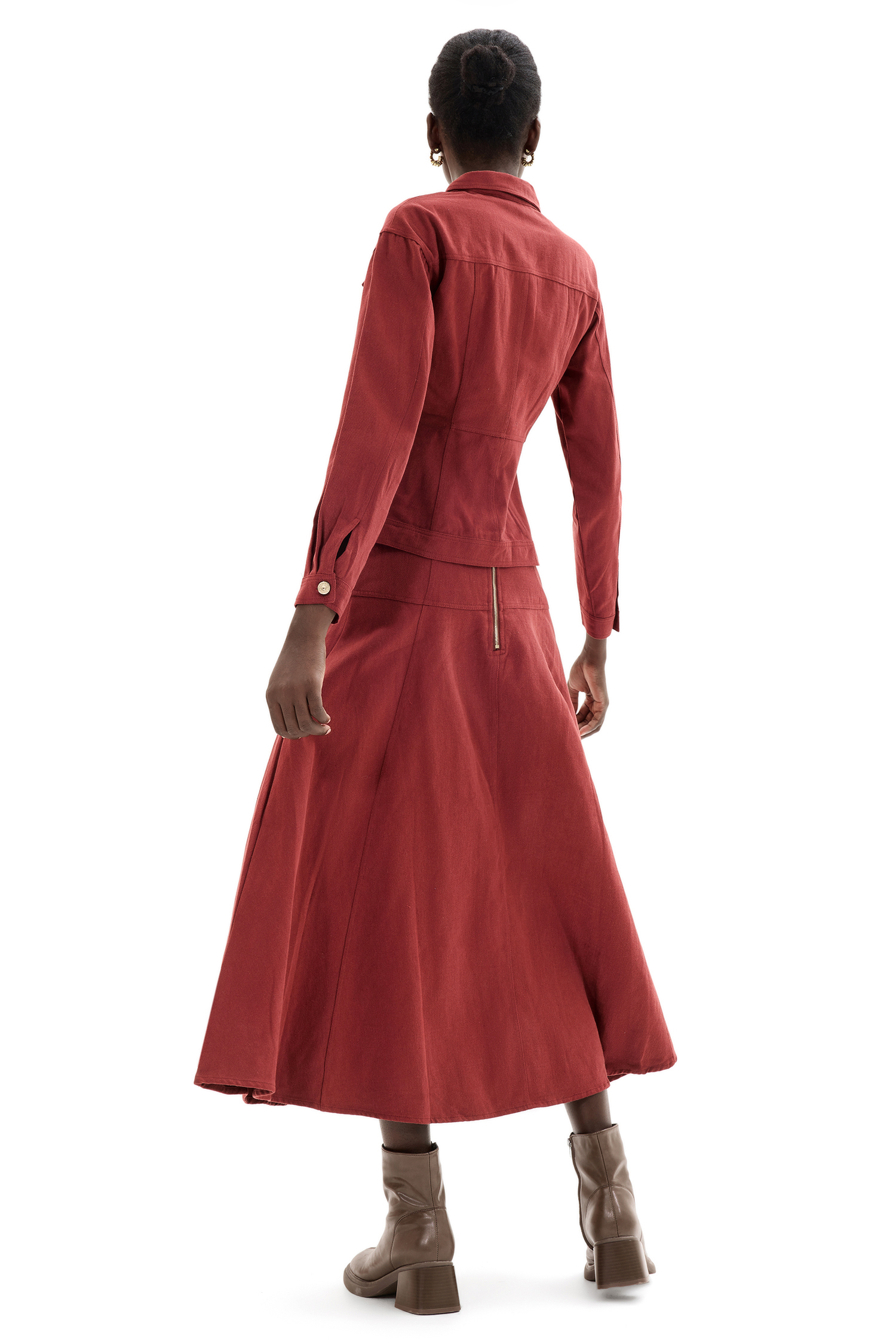 Denim Lace Up Coat & Hight Waist Midi Skirt Set