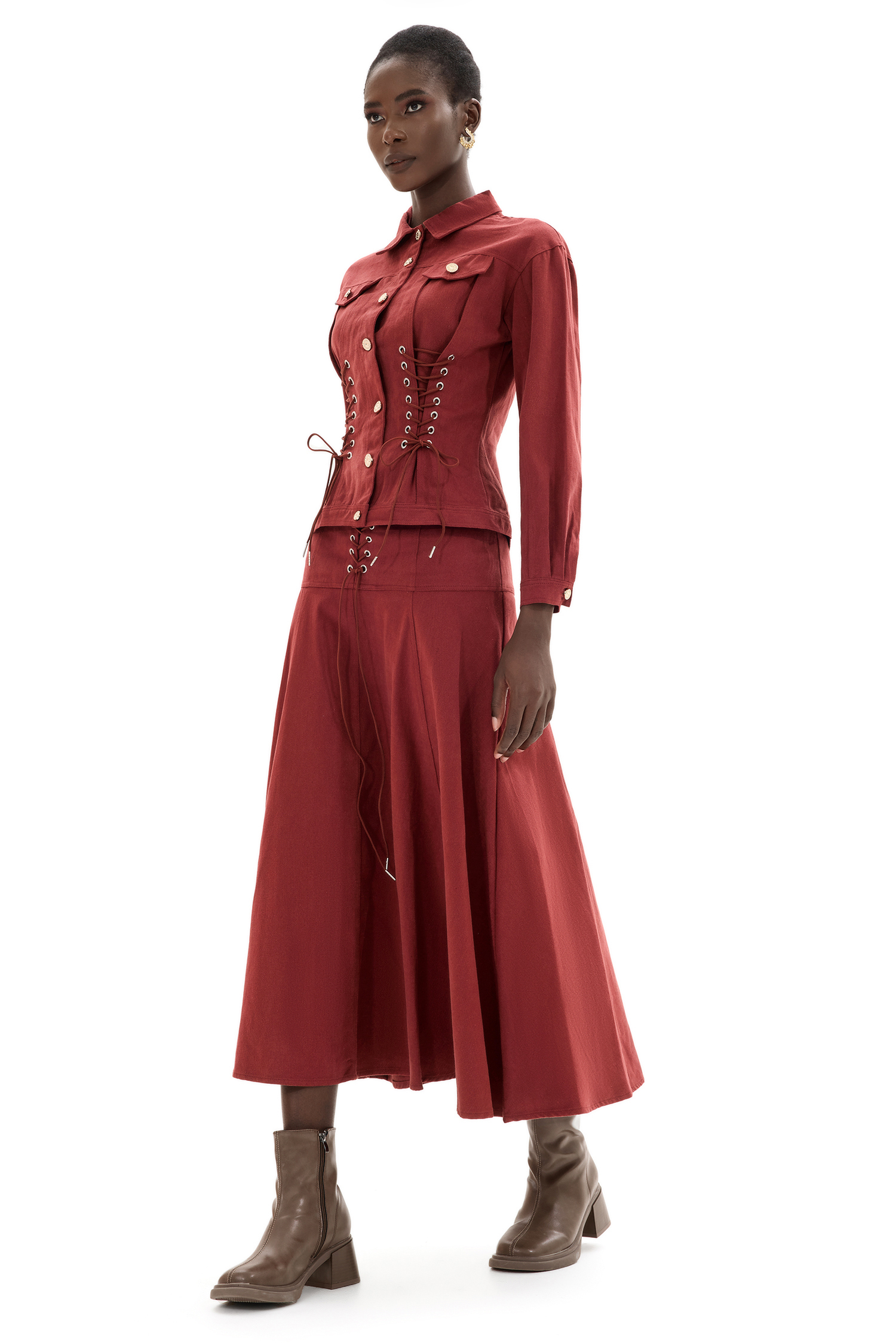 Denim Lace Up Coat & Hight Waist Midi Skirt Set