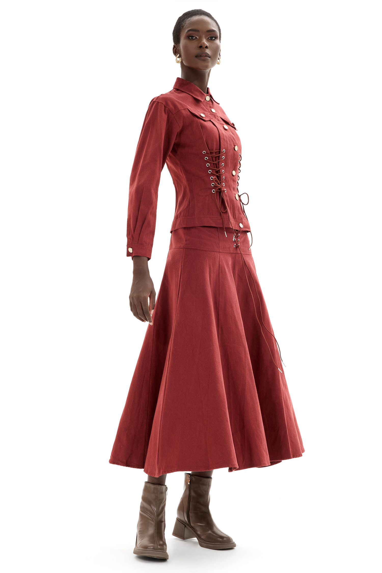 Denim Lace Up Coat & Hight Waist Midi Skirt Set