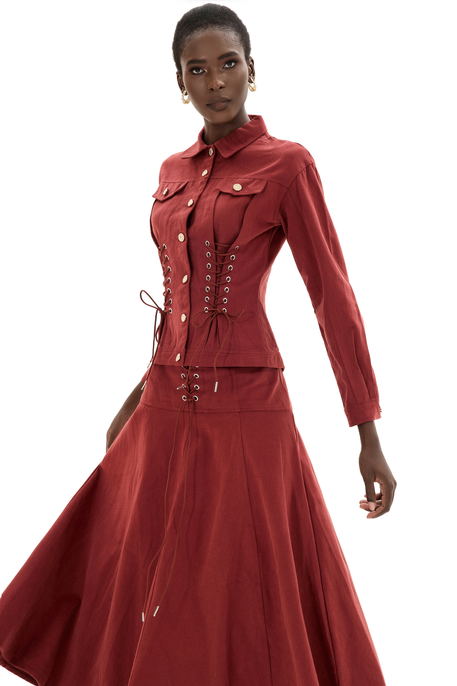 Denim Lace Up Coat & Hight Waist Midi Skirt Set