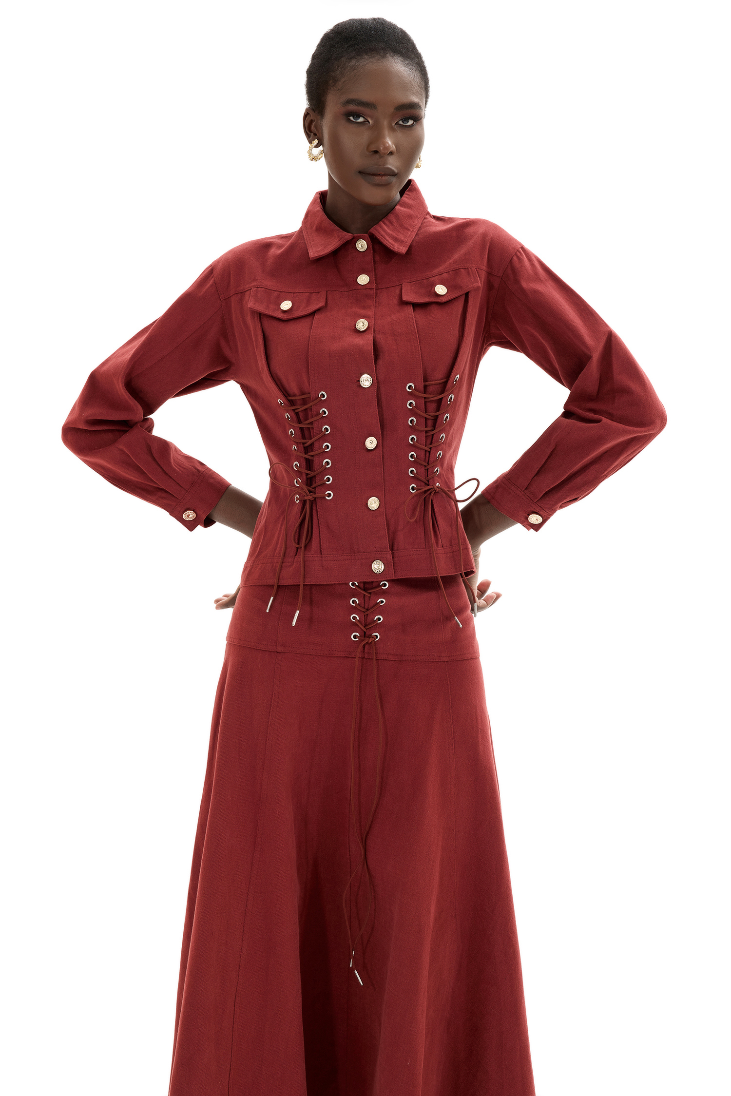 Denim Lace Up Coat & Hight Waist Midi Skirt Set