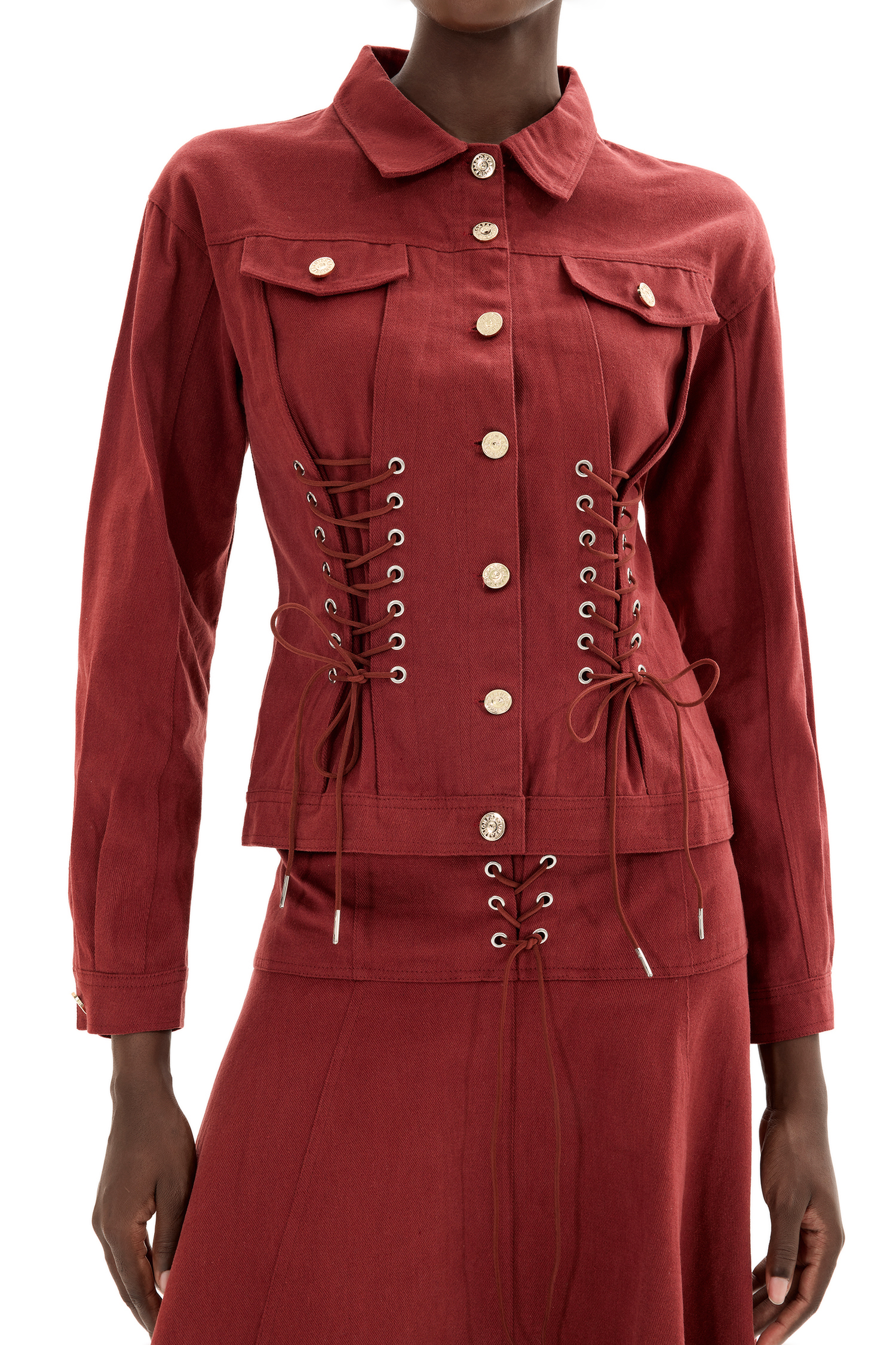 Denim Lace Up Coat & Hight Waist Midi Skirt Set