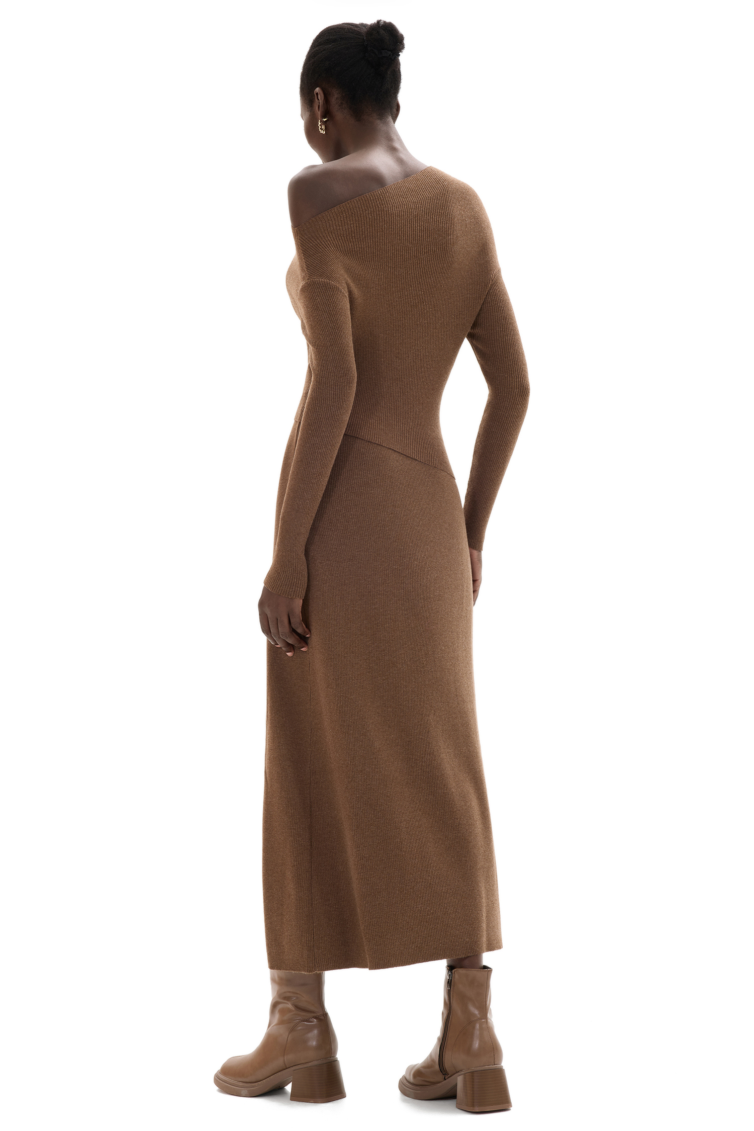 Solid Off-Shoulder Top Sweater & High Waist Midi Skirt Set