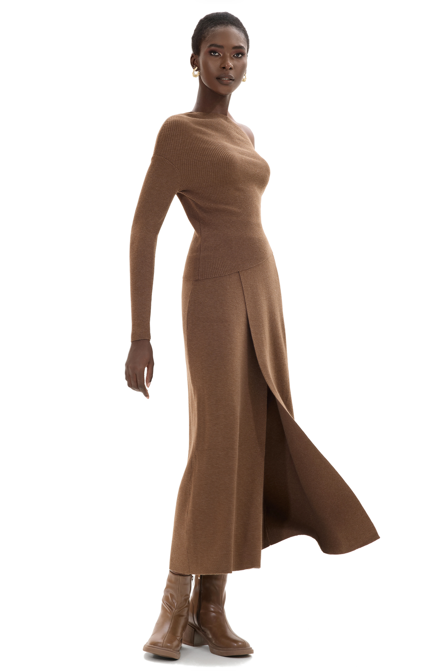 Solid Off-Shoulder Top Sweater & High Waist Midi Skirt Set