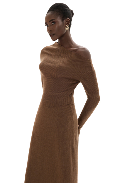 Solid Off-Shoulder Top Sweater & High Waist Midi Skirt Set