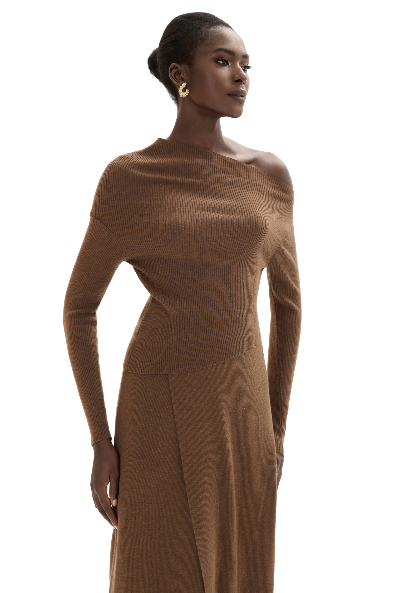 Solid Off-Shoulder Top Sweater & High Waist Midi Skirt Set