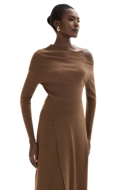 Solid Off-Shoulder Top Sweater & High Waist Midi Skirt Set