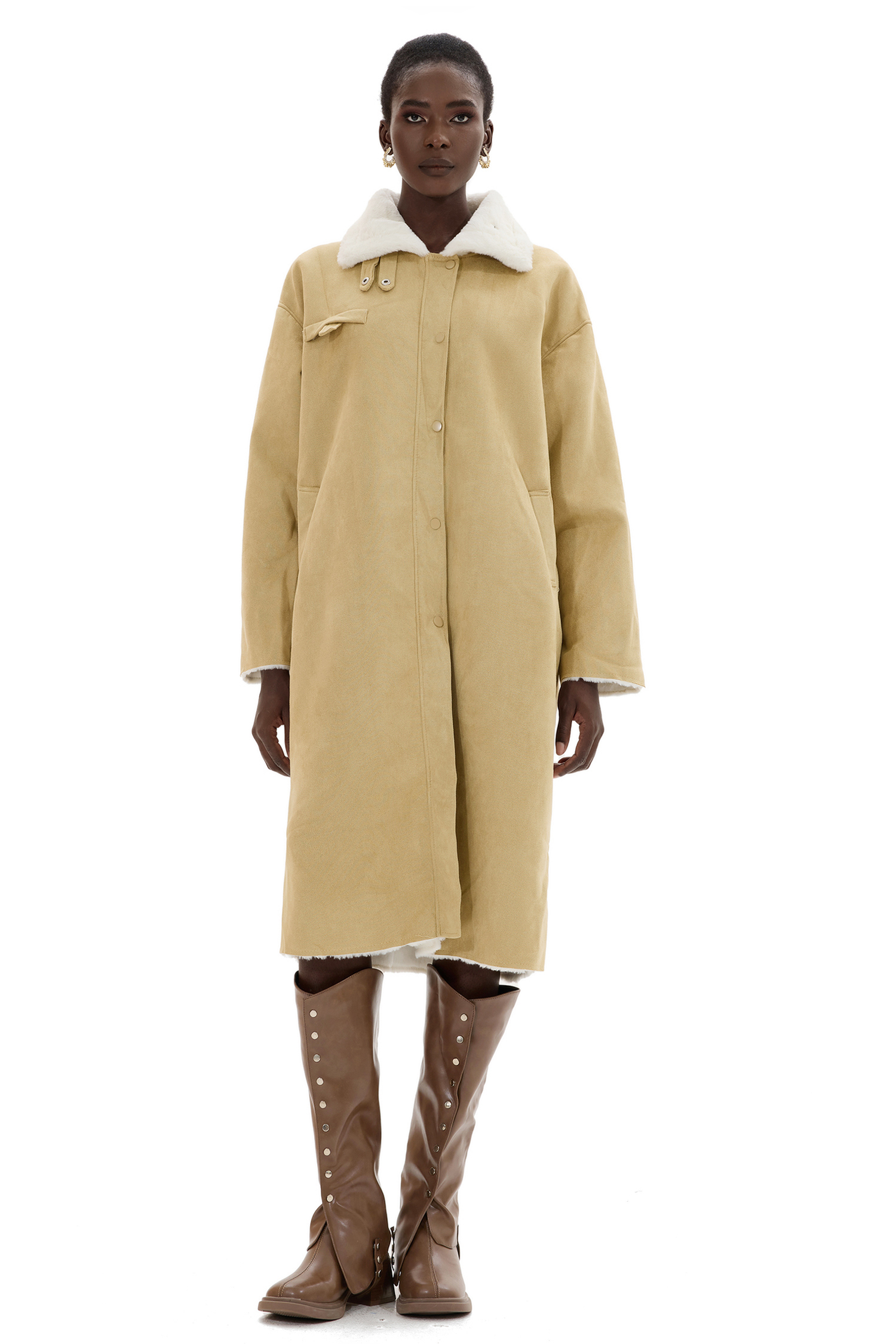 Faux Shearling Contrasting Collar Coat