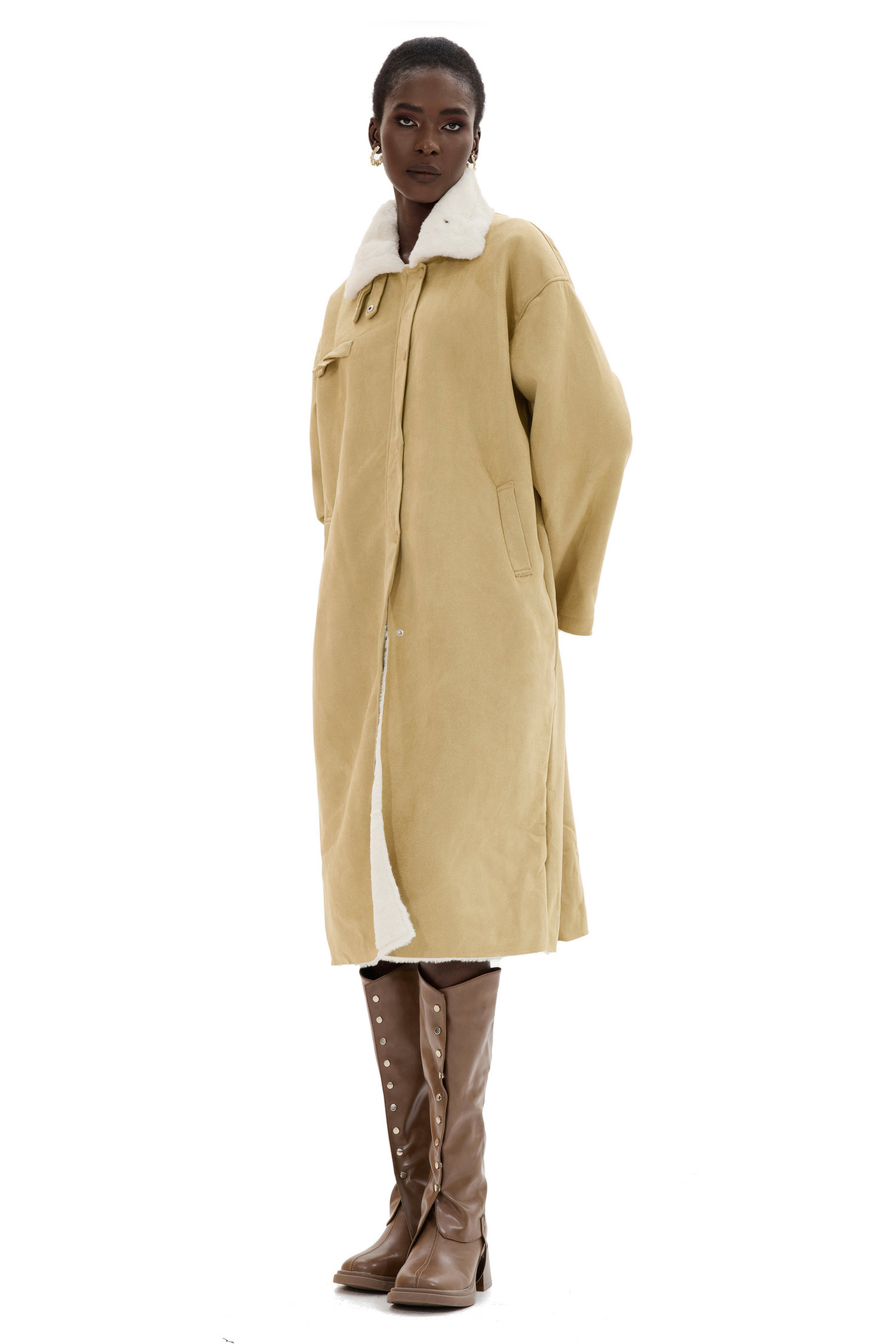 Faux Shearling Contrasting Collar Coat