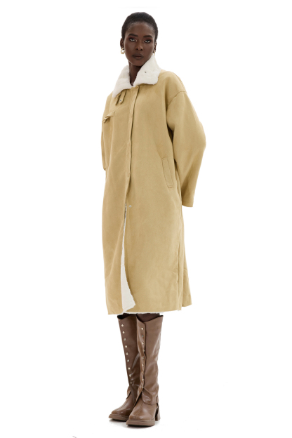 Faux Shearling Contrasting Collar Coat