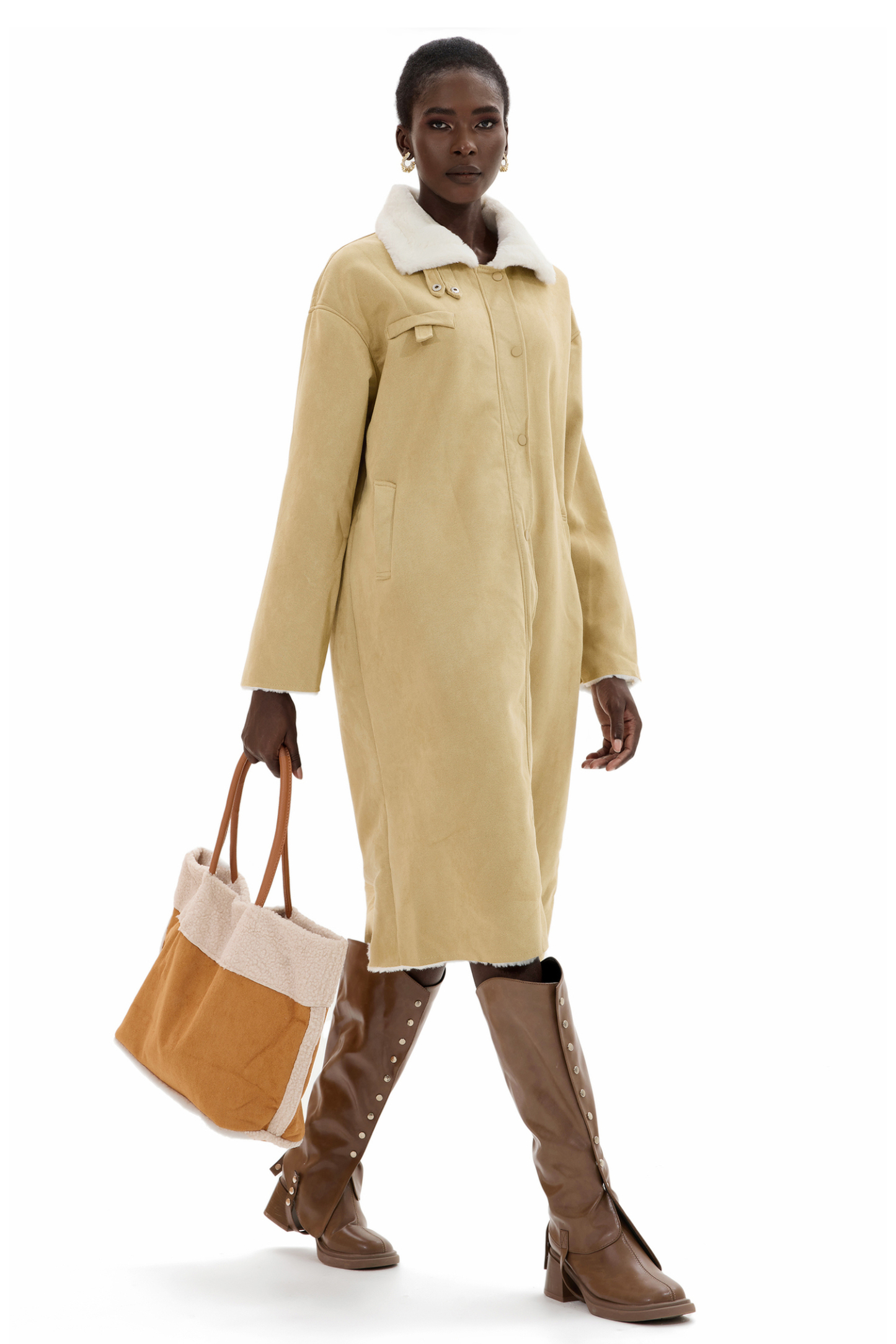 Faux Shearling Contrasting Collar Coat