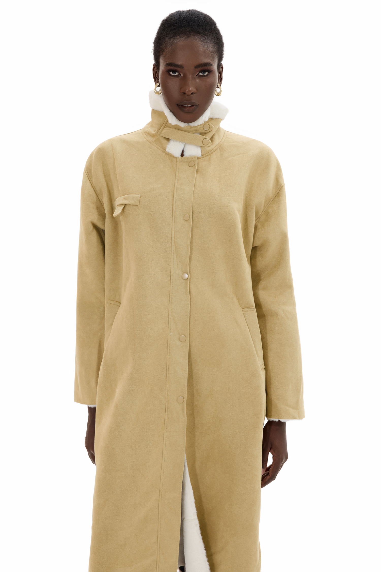 Faux Shearling Contrasting Collar Coat