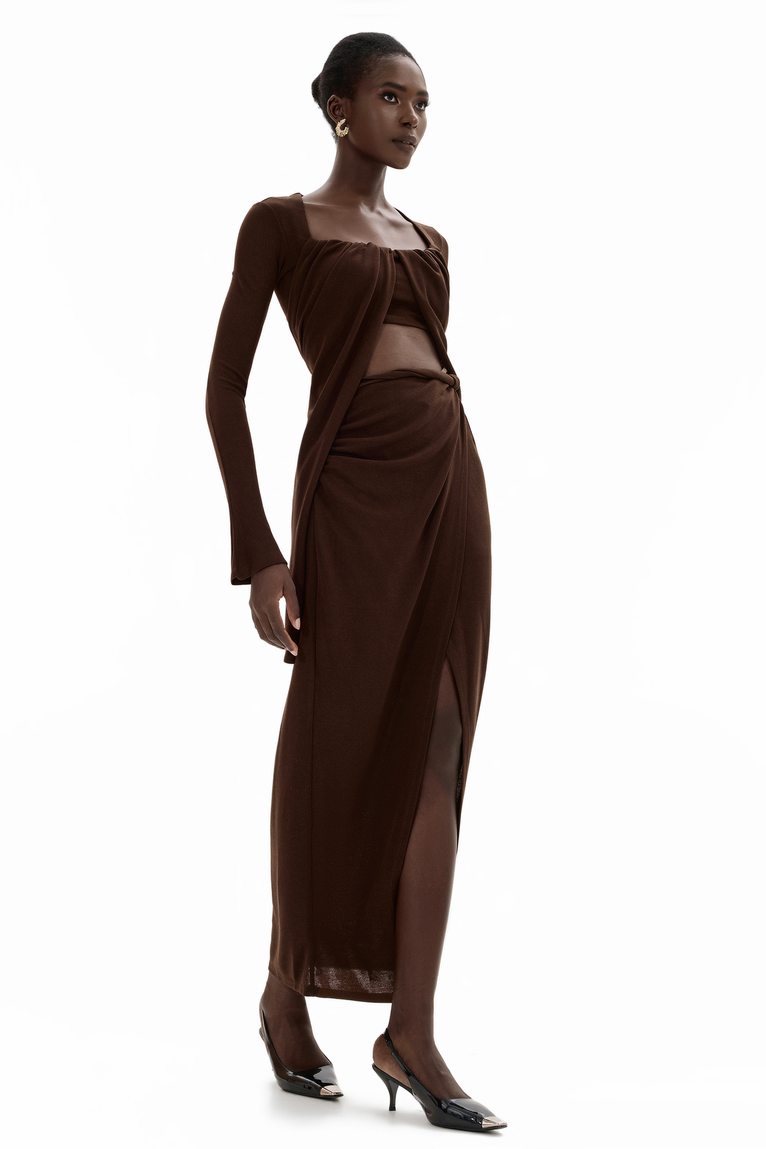 Jersey U-Neck Ruched Top & Mid Waist Skit Set