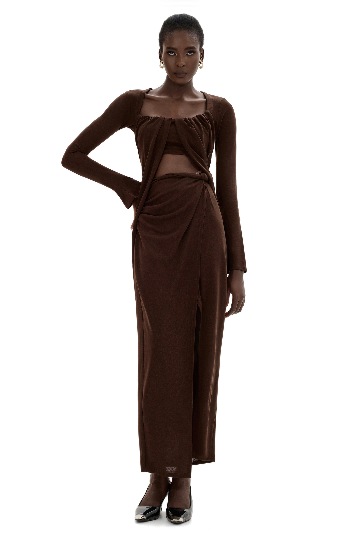 Jersey U-Neck Ruched Top & Mid Waist Skit Set