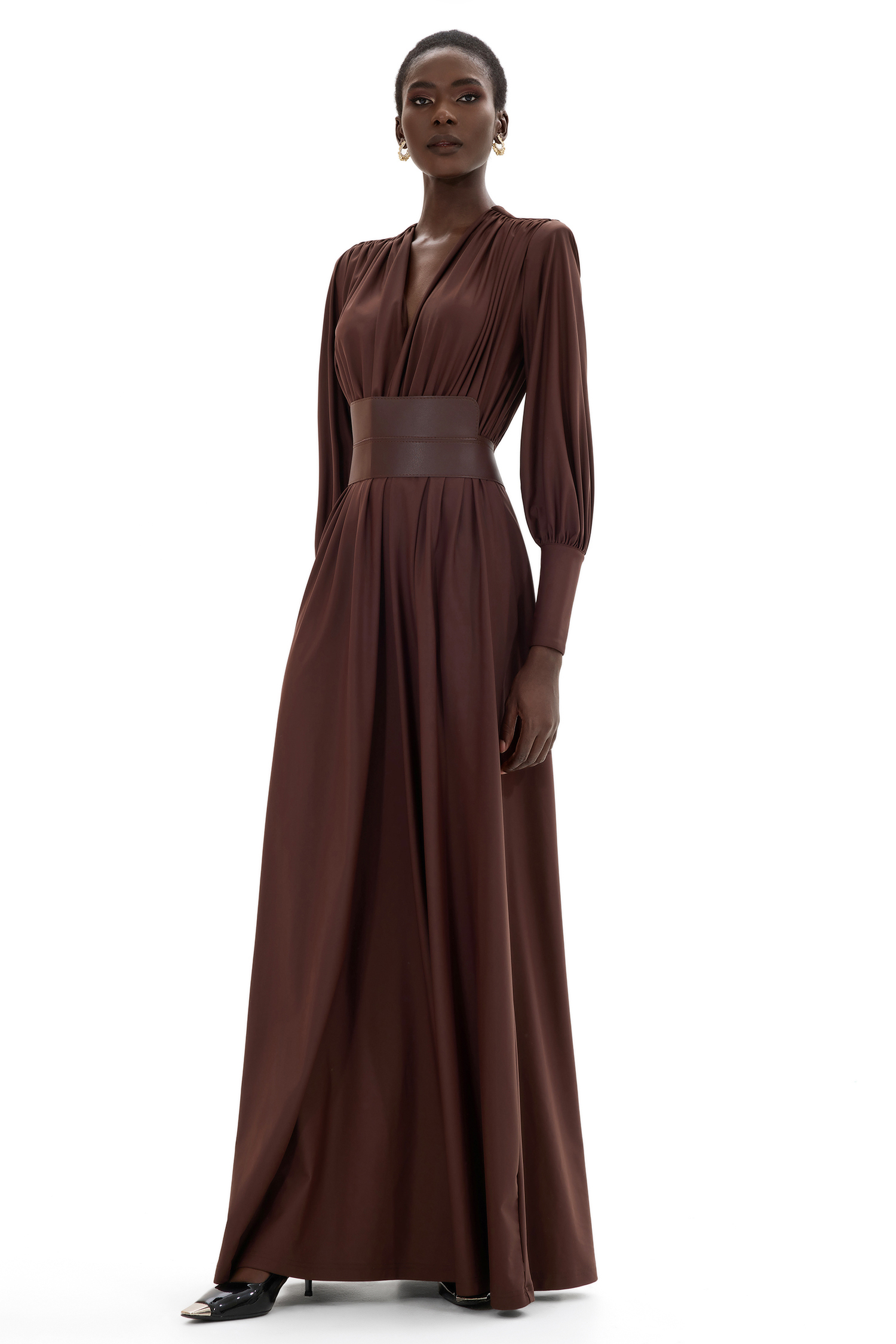 Gathered Long Sleeve Maxi Dress With Belt