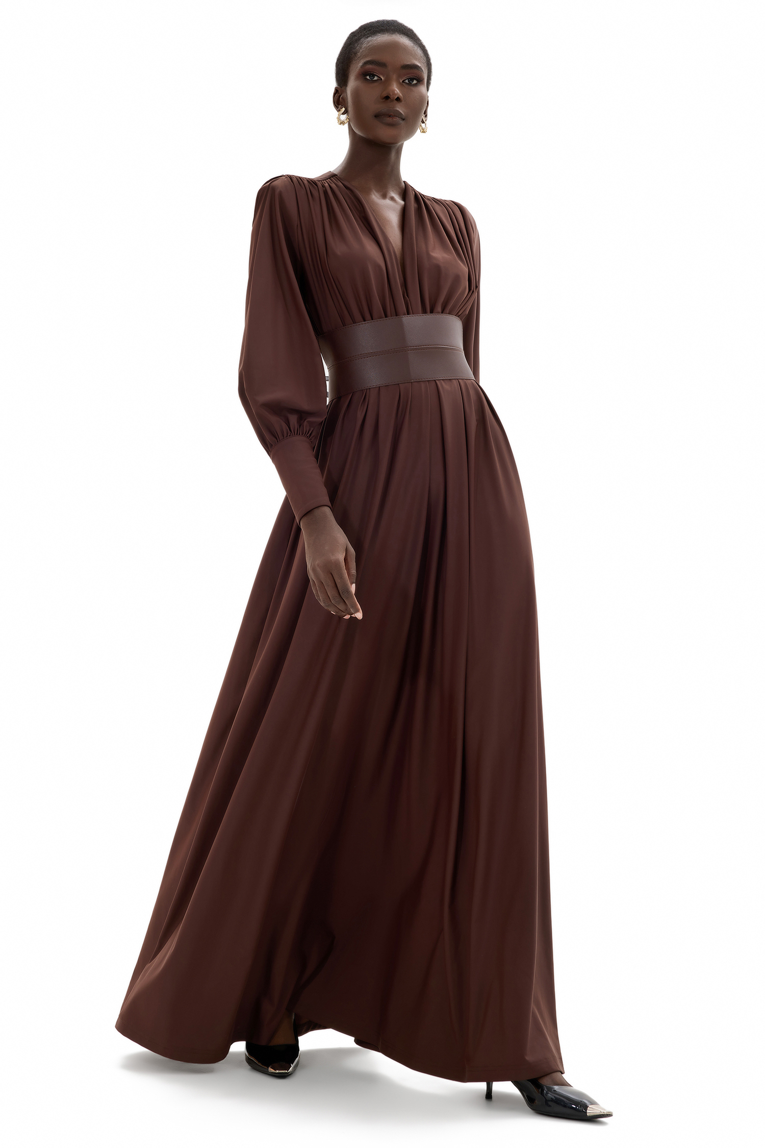 Gathered Long Sleeve Maxi Dress With Belt