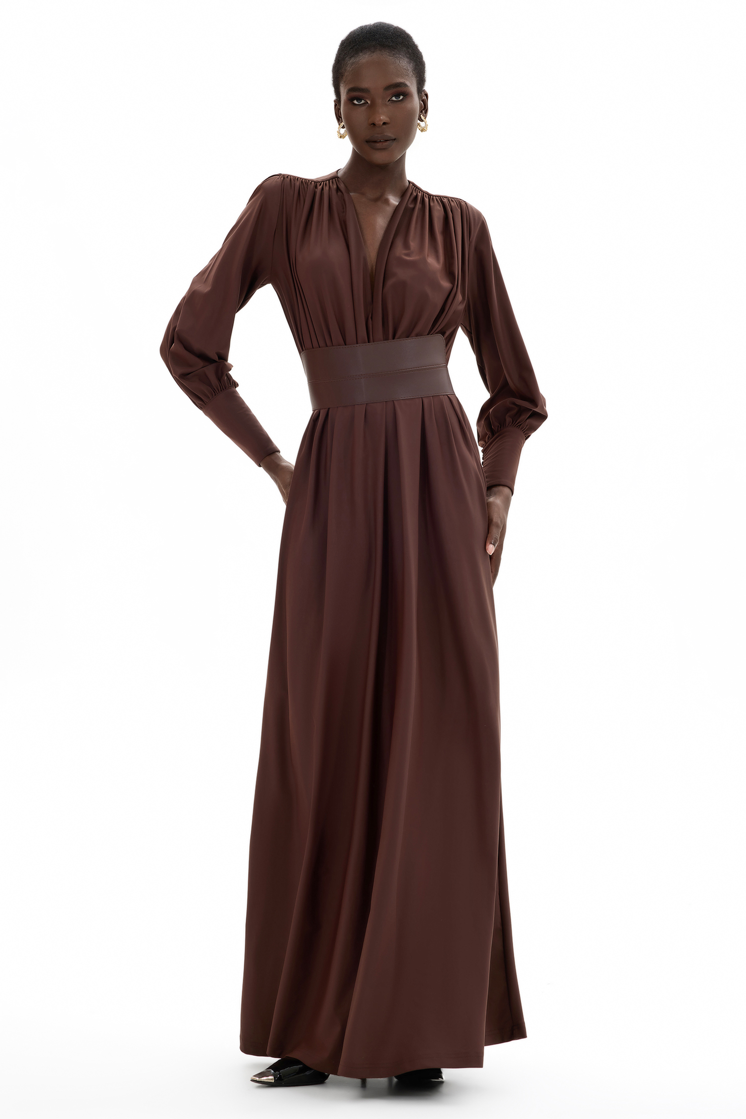 Gathered Long Sleeve Maxi Dress With Belt