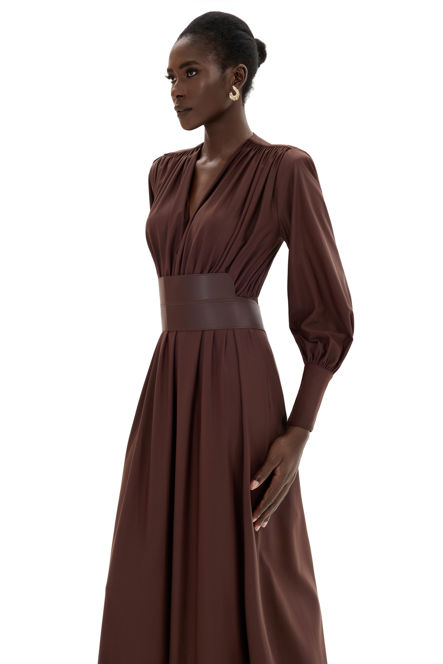 Gathered Long Sleeve Maxi Dress With Belt