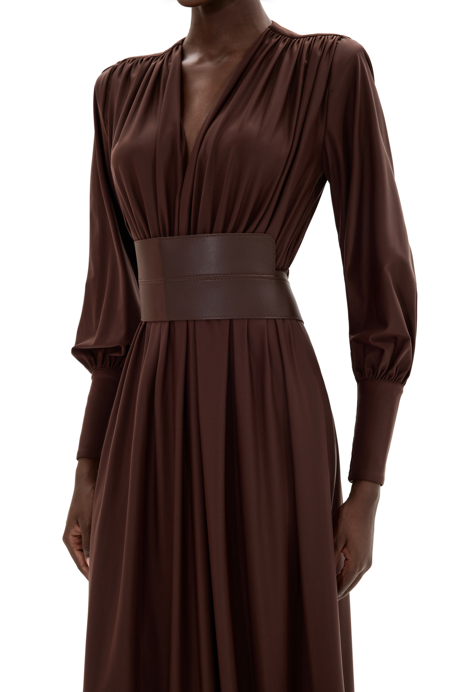 Gathered Long Sleeve Maxi Dress With Belt