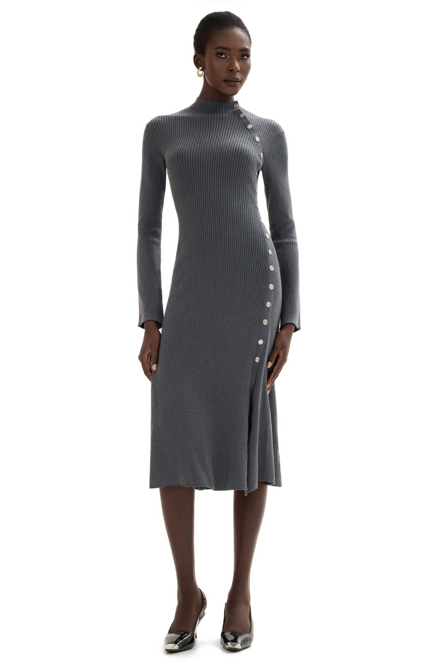 Jersey Button Long Sleeve Midi Dress
