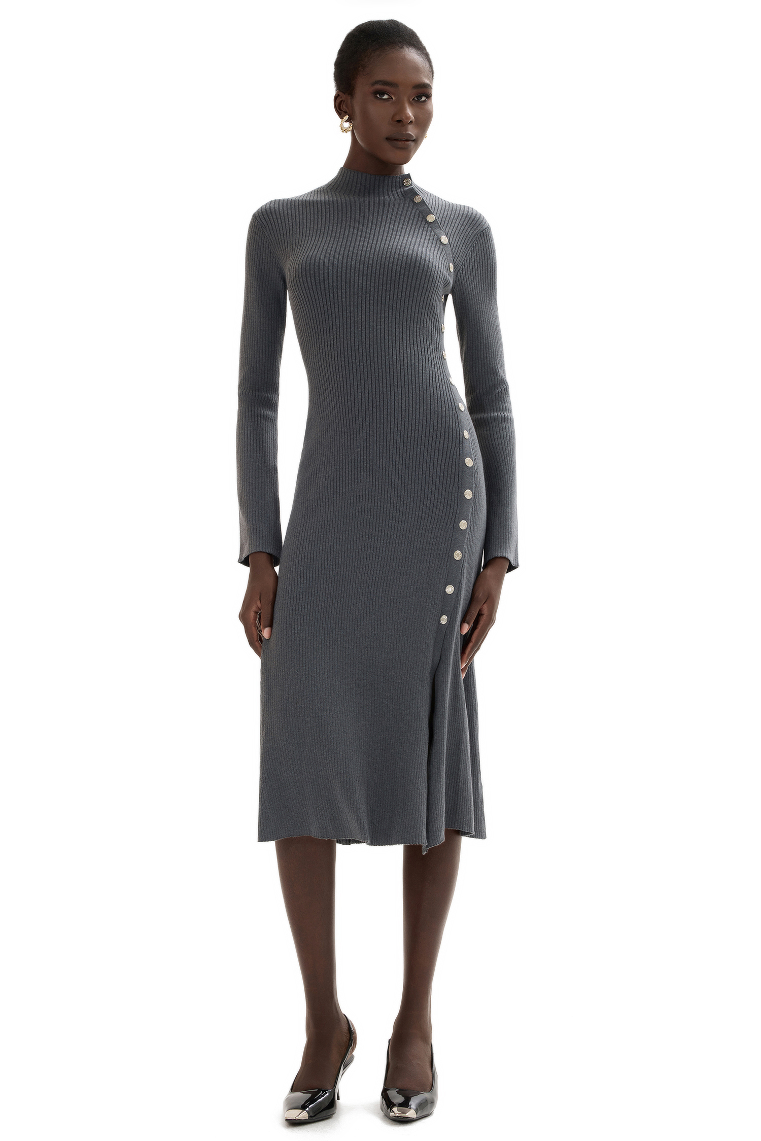 Jersey Button Long Sleeve Midi Dress