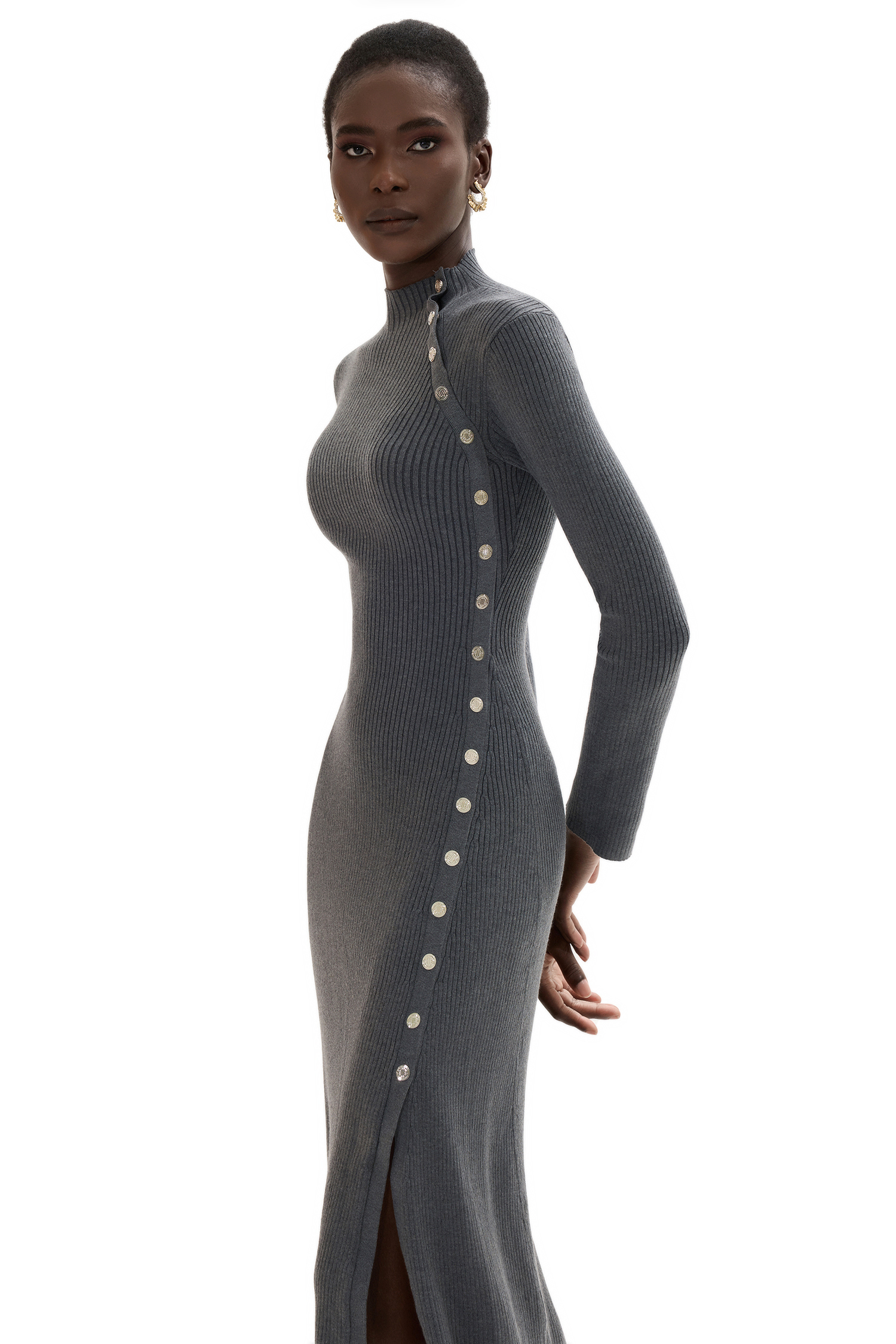 Jersey Button Long Sleeve Midi Dress