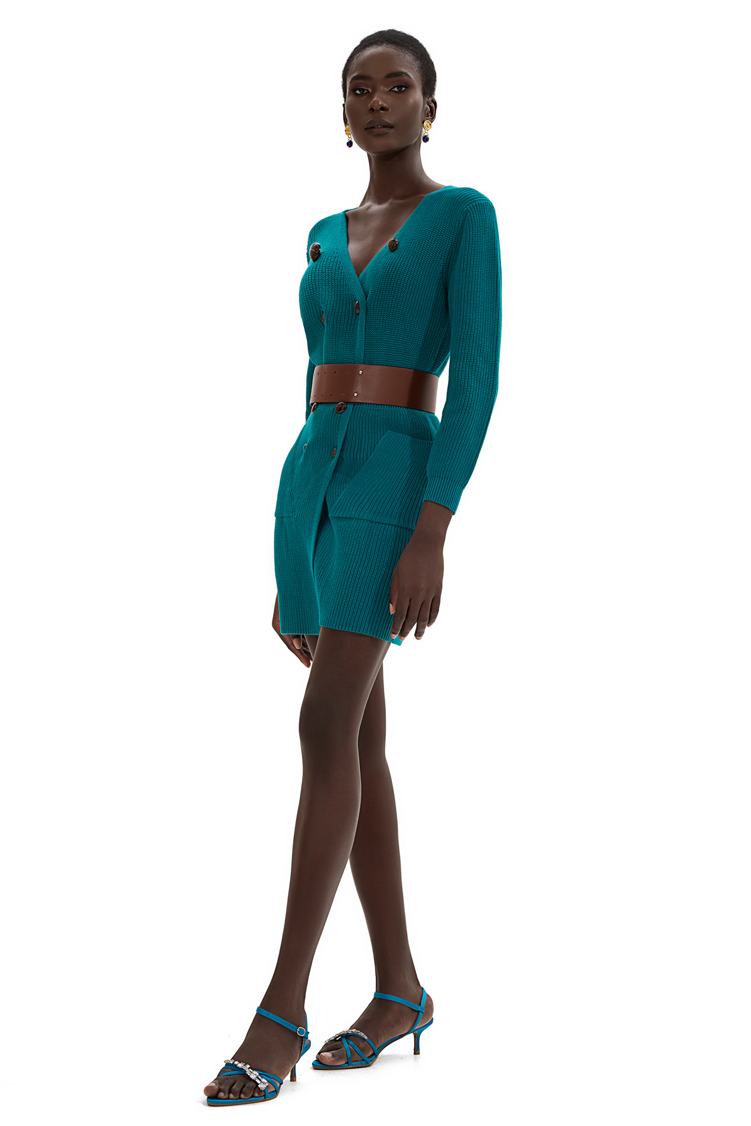 Knit Bottom Long Sleeve Mini Dress With Belt