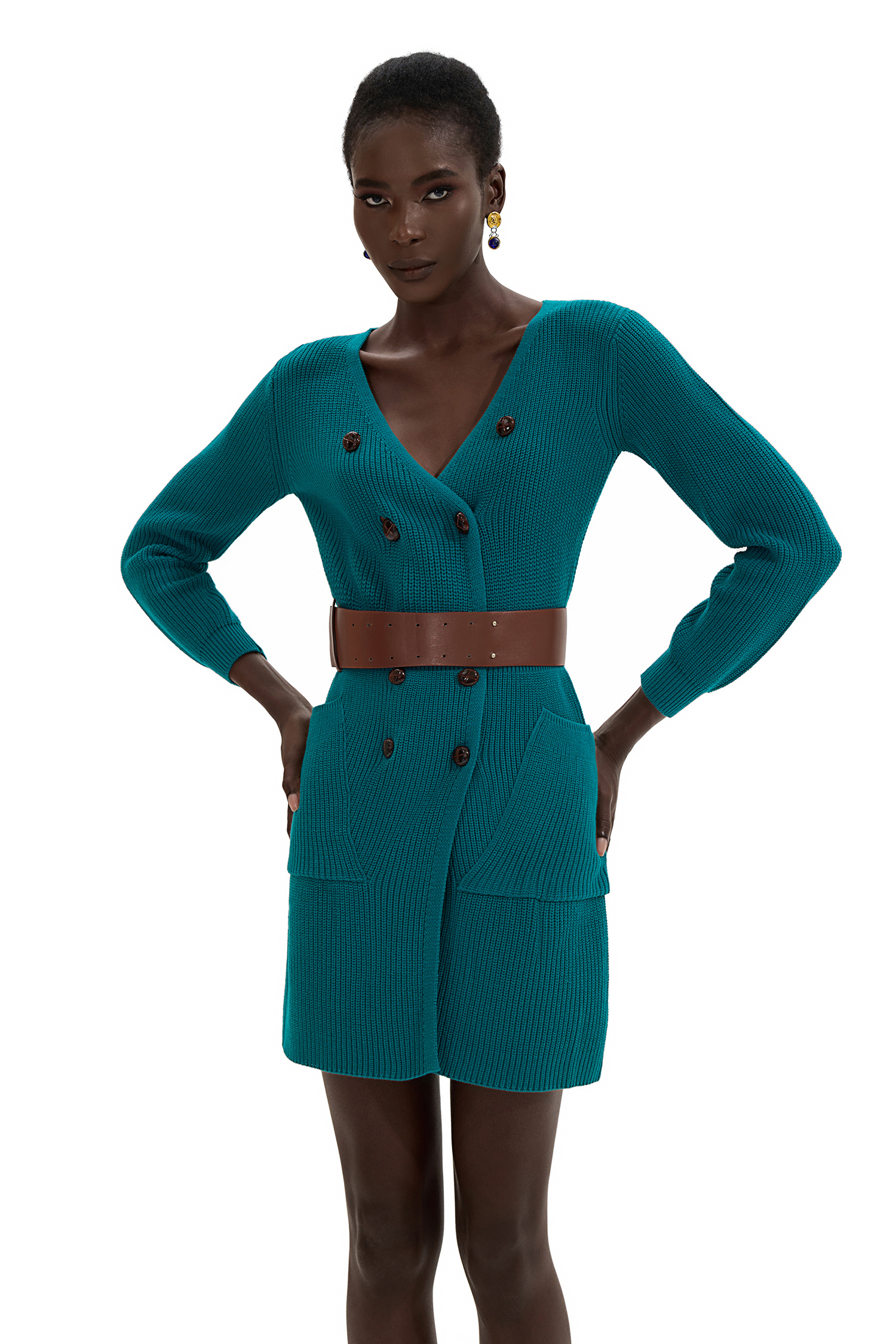 Knit Bottom Long Sleeve Mini Dress With Belt