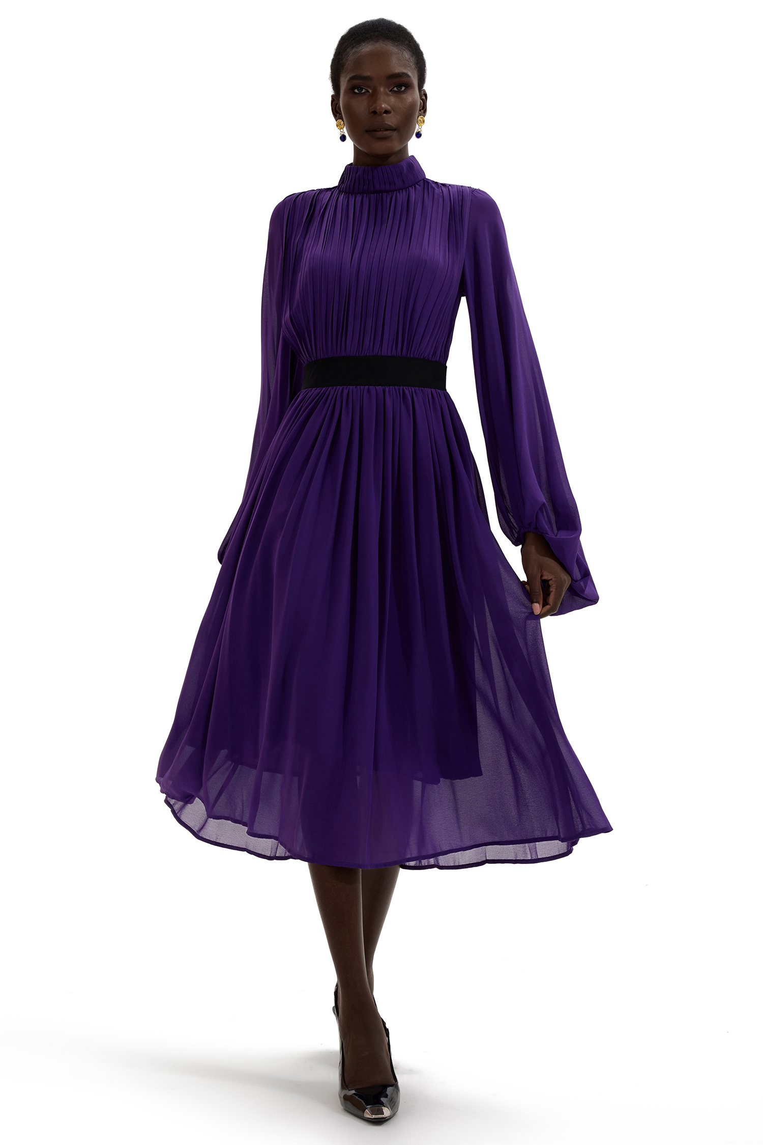 Solid Ruched Lantern Sleeve Midi Dress