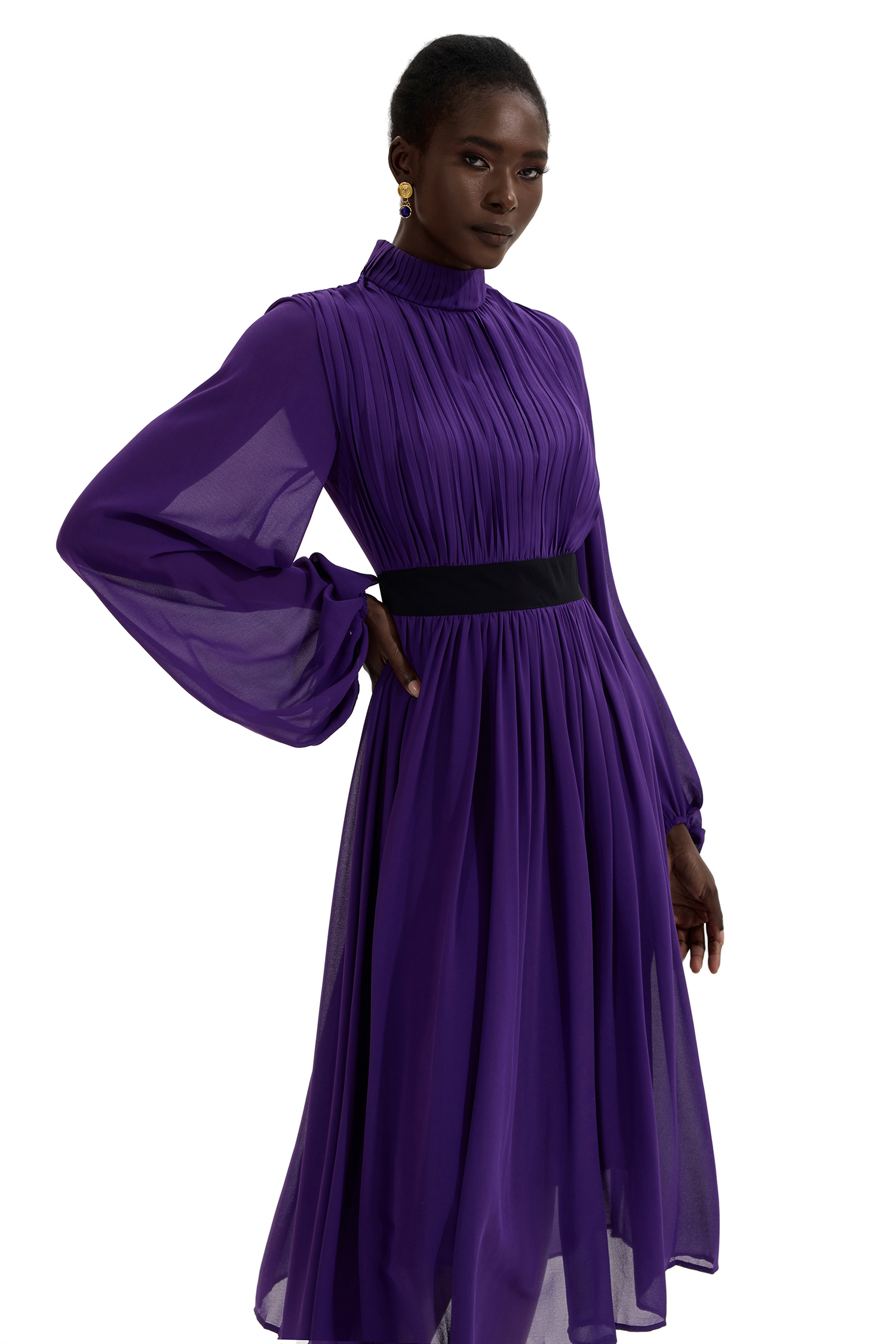 Solid Ruched Lantern Sleeve Midi Dress