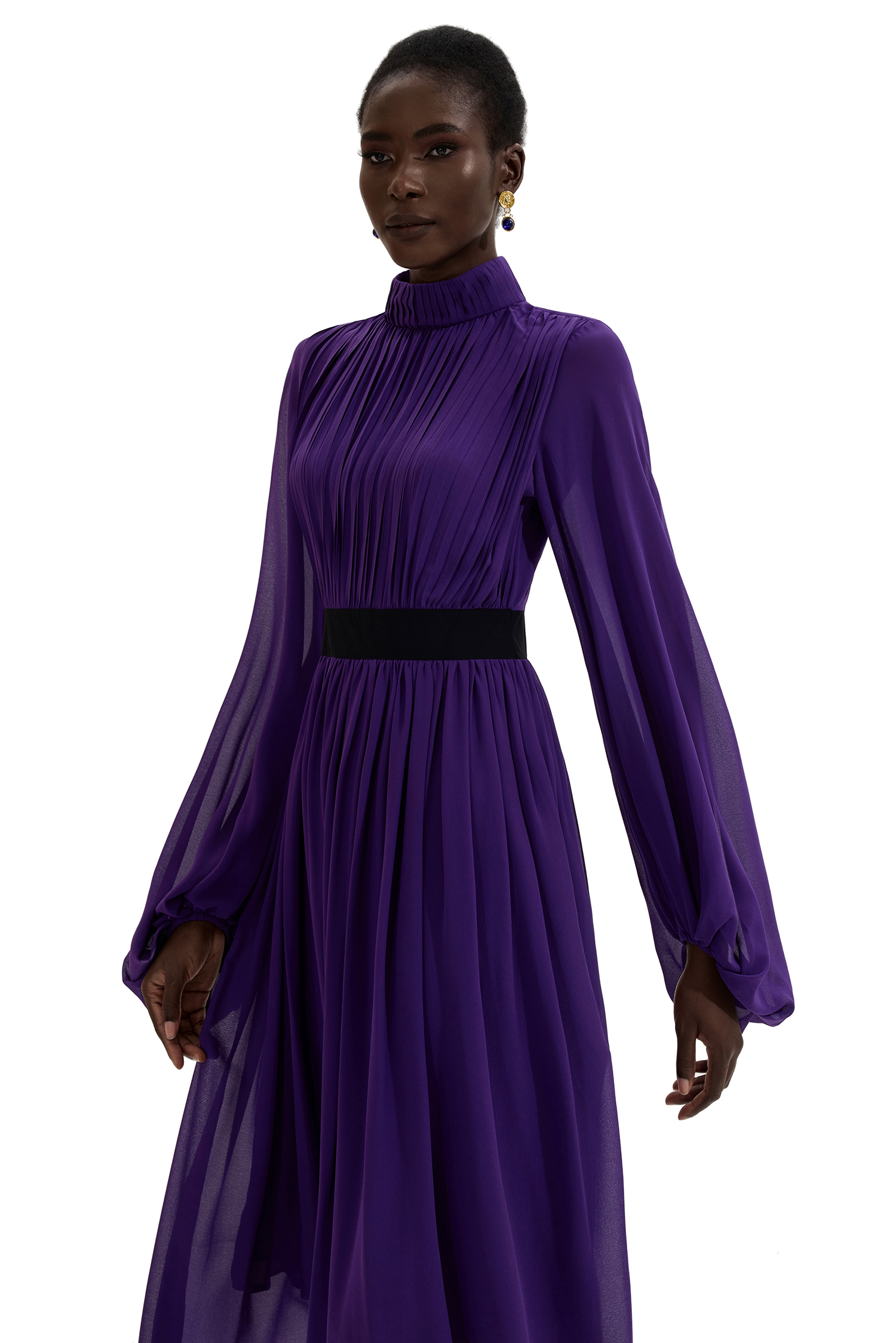 Solid Ruched Lantern Sleeve Midi Dress