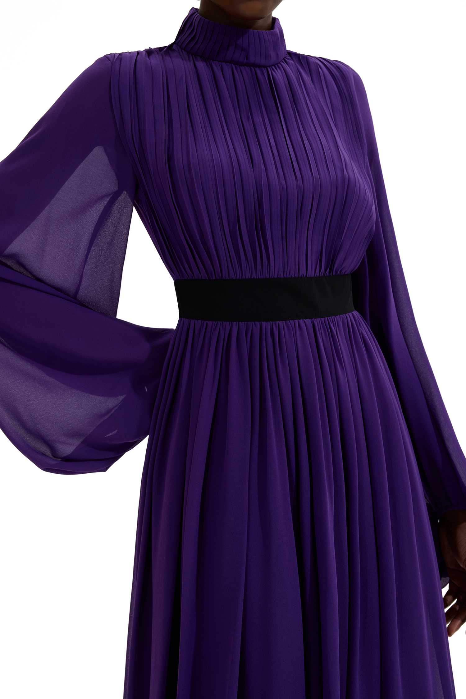 Solid Ruched Lantern Sleeve Midi Dress
