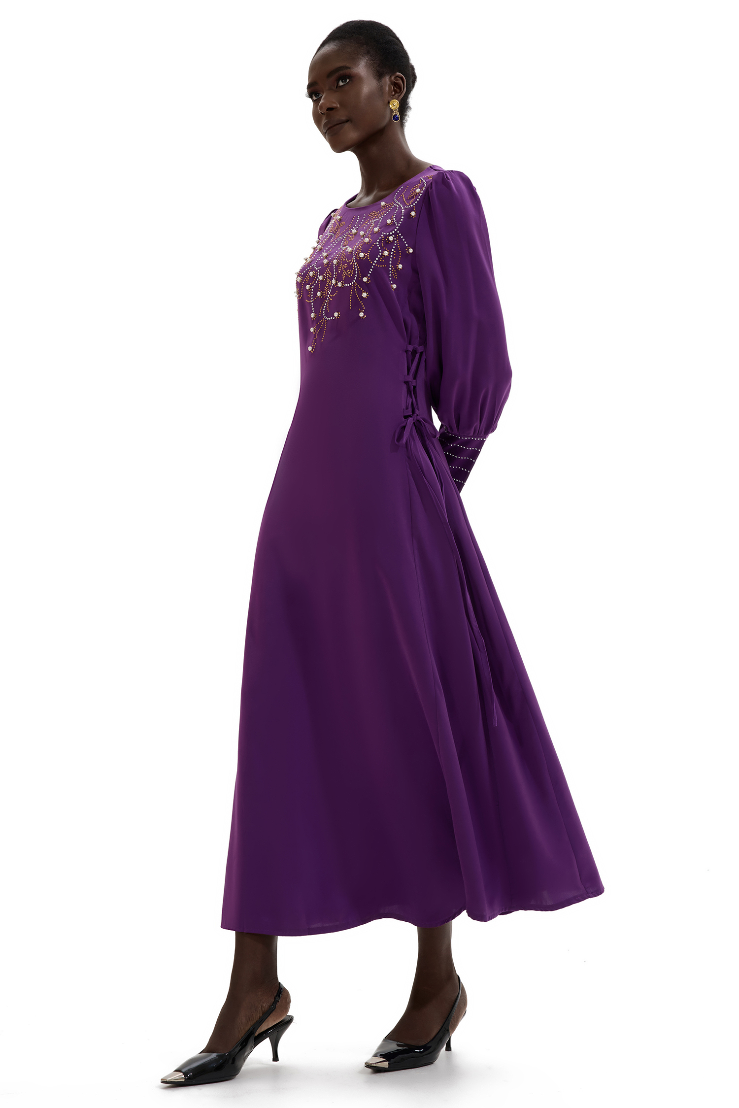 Rhinestone Lantern Sleeve Midi Dress