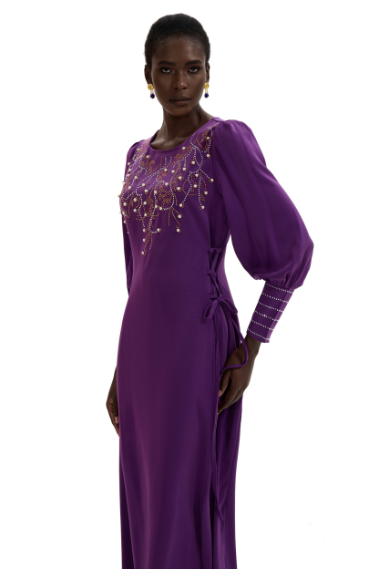Rhinestone Lantern Sleeve Midi Dress