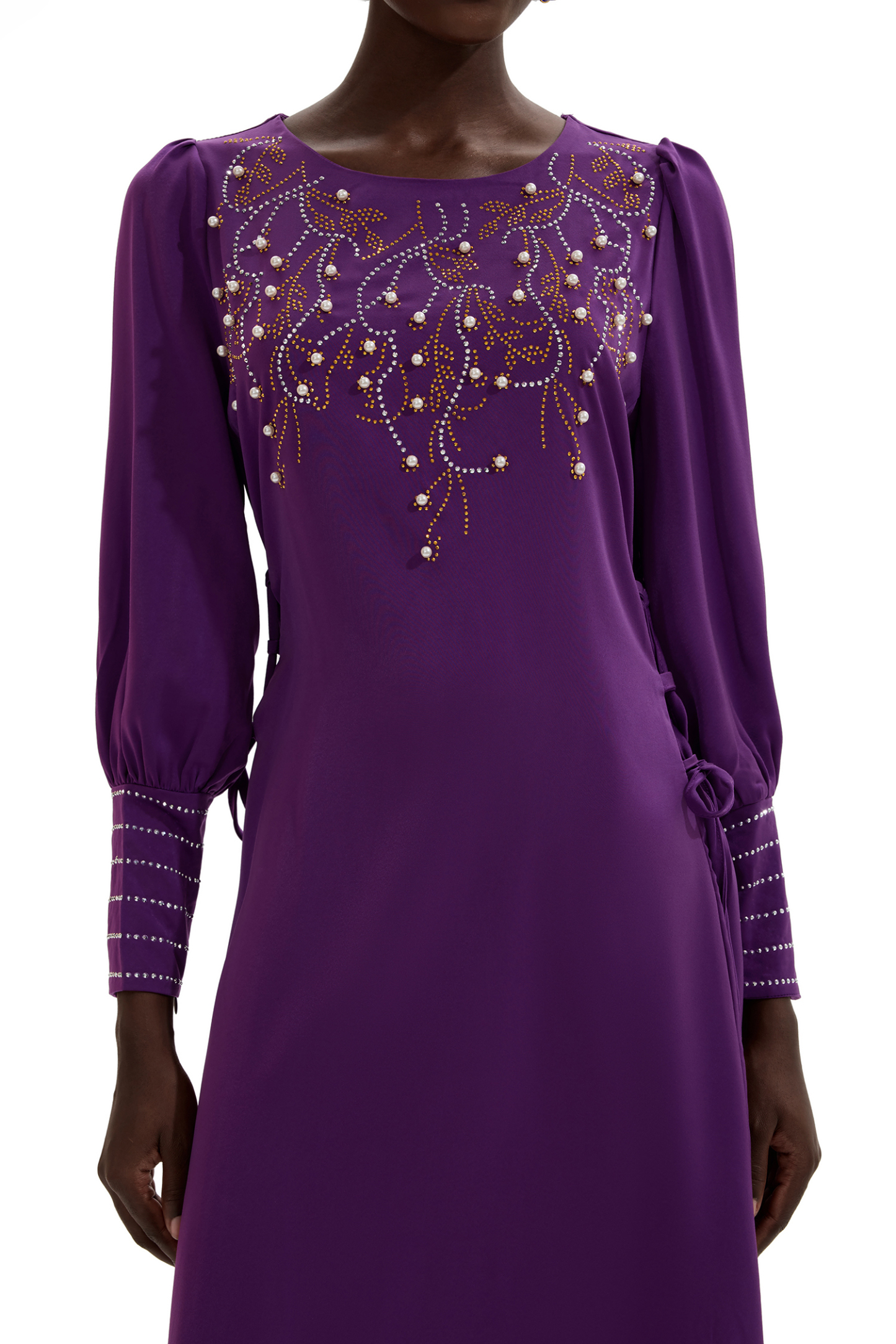Rhinestone Lantern Sleeve Midi Dress