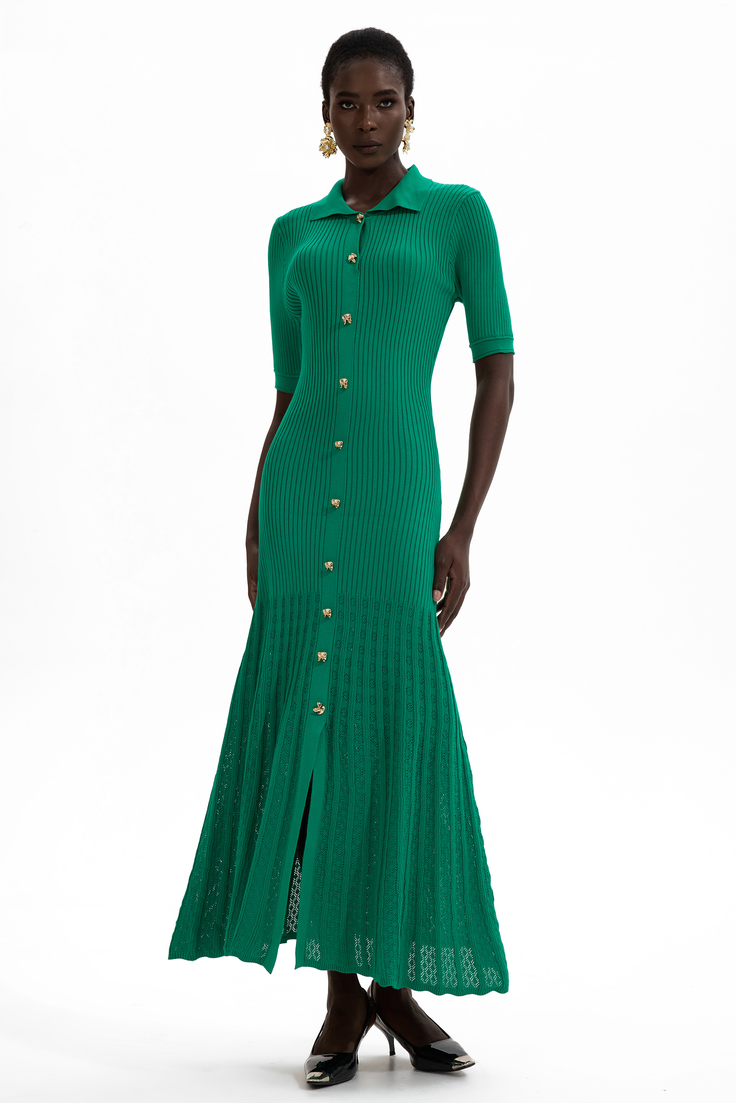 Jersey Flapped Metal Button Midi Dress