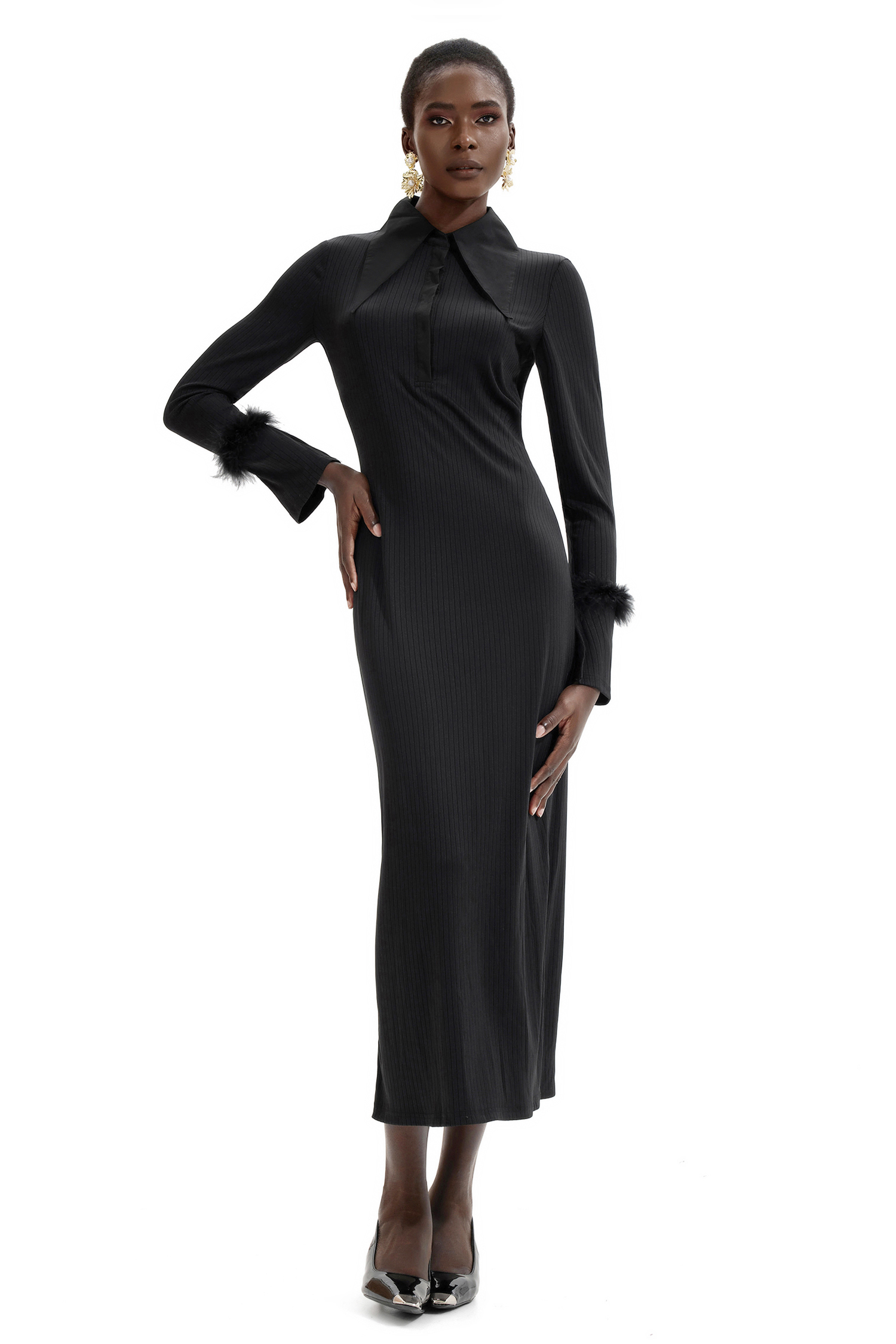 Jersey Feather Long Sleeve Midi Dress