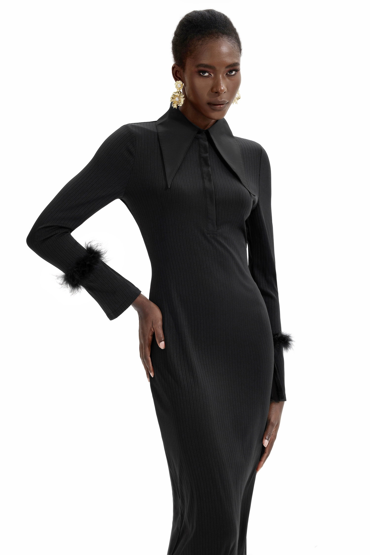 Jersey Feather Long Sleeve Midi Dress