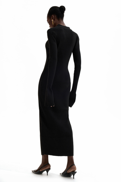 Jersey Solid Button Midi Dress Black