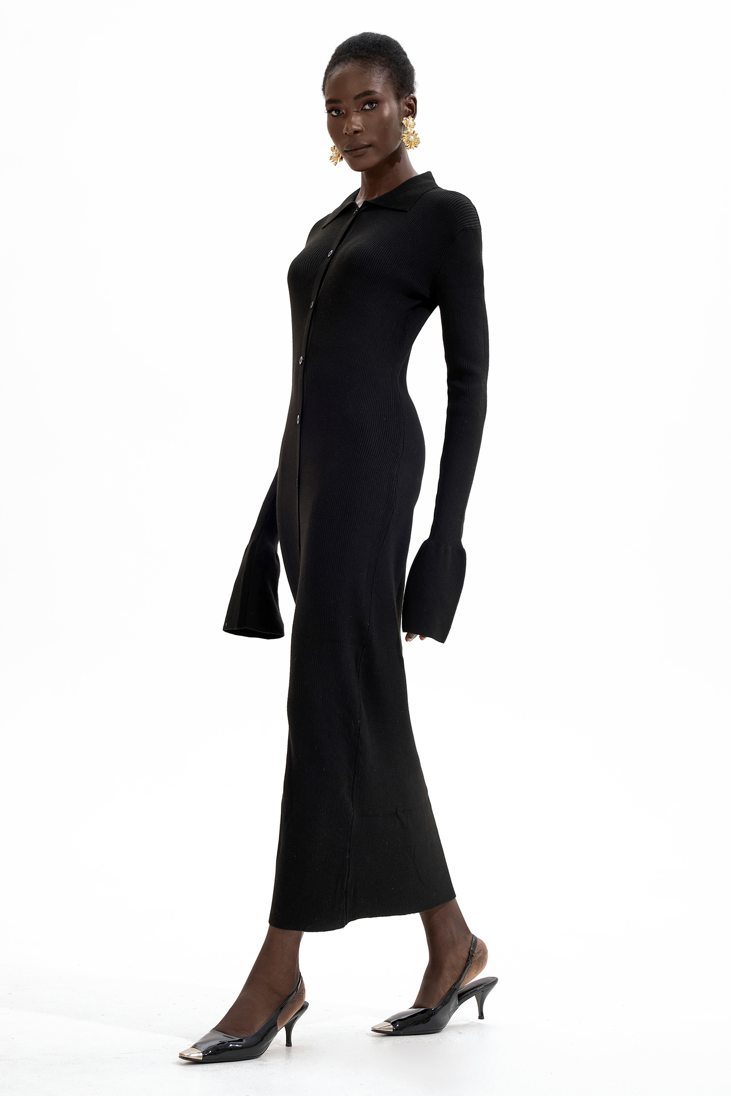 Jersey Solid Button Midi Dress Black