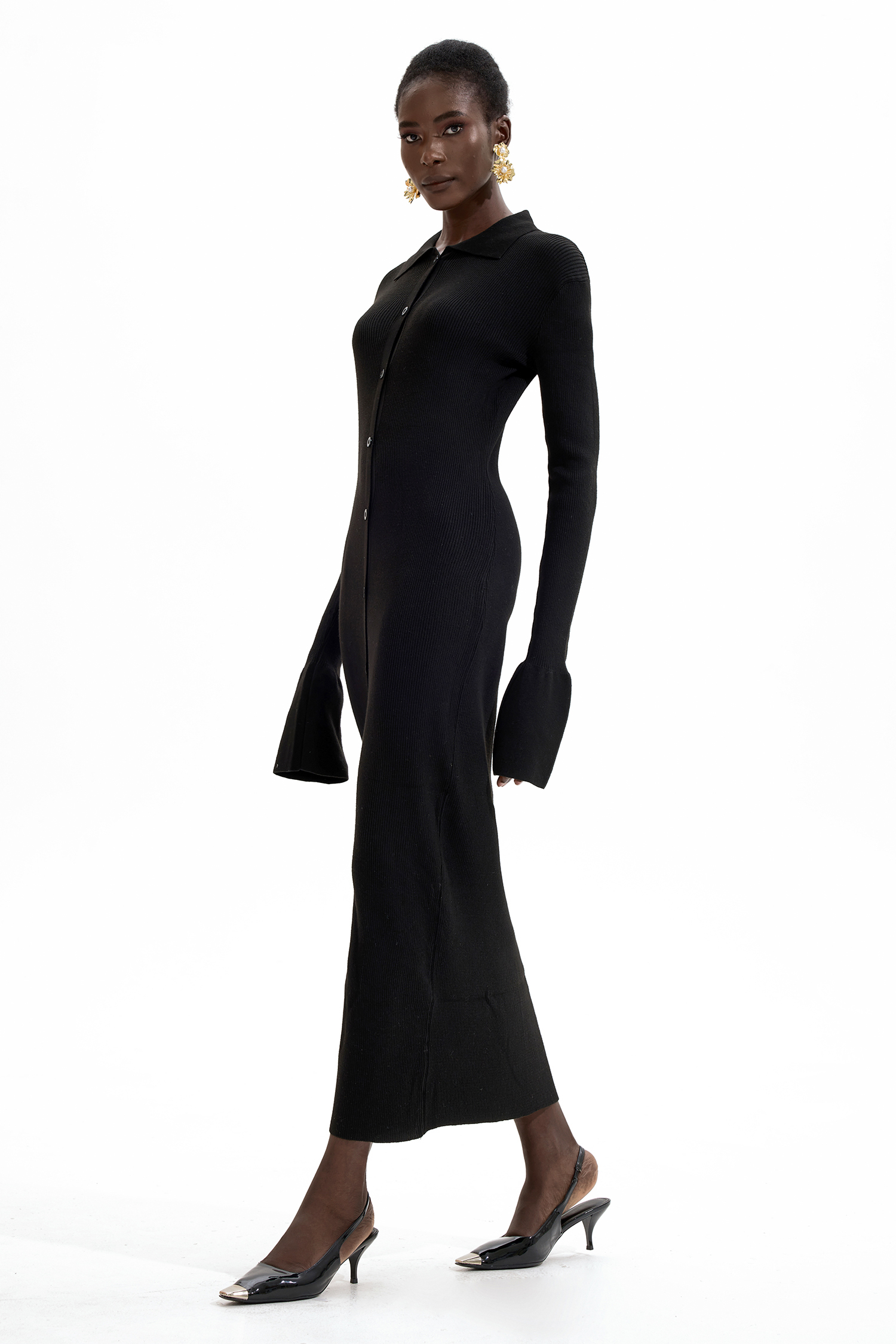 Jersey Solid Button Midi Dress Black