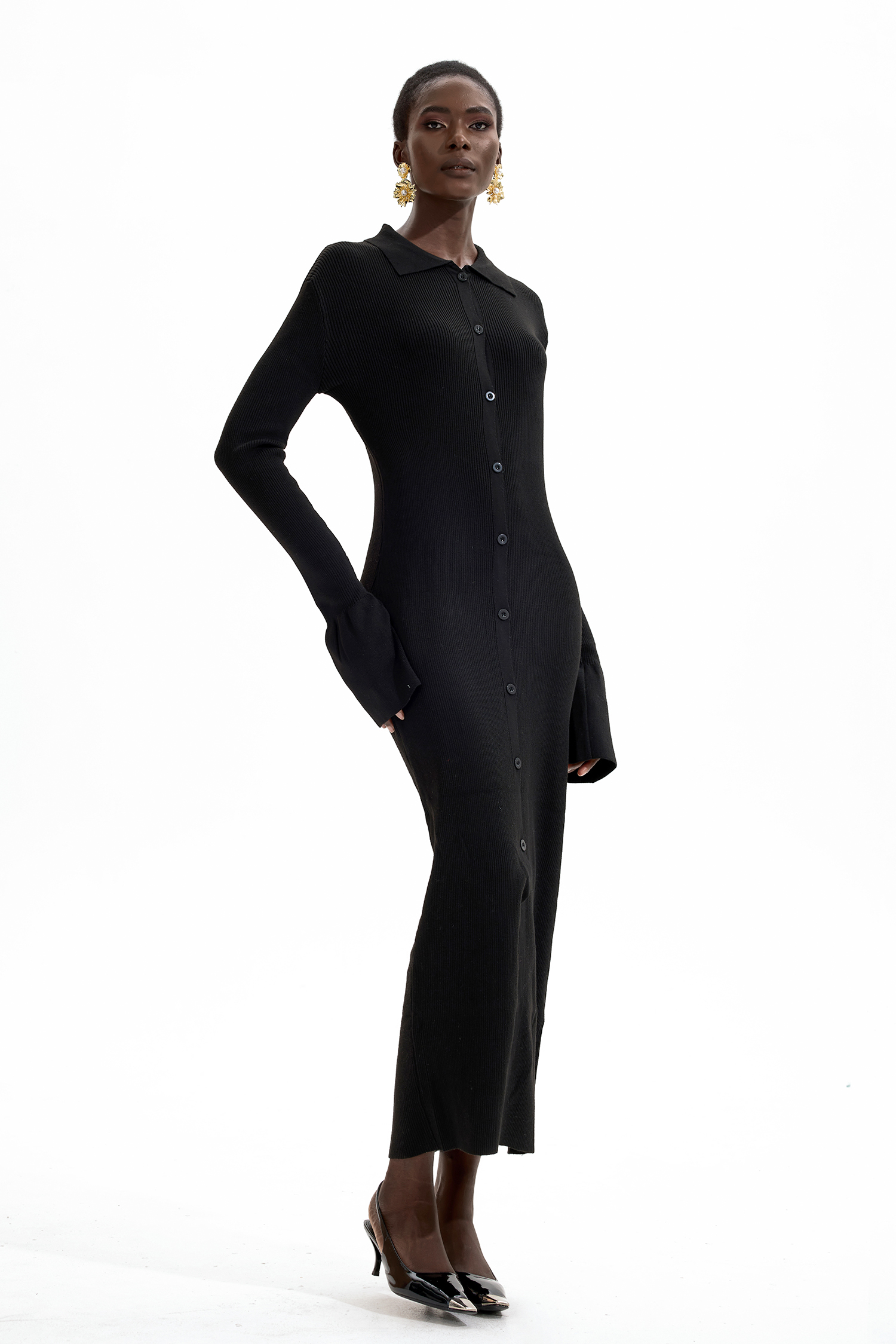 Jersey Solid Button Midi Dress Black