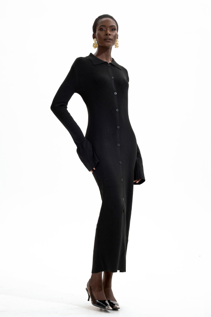 Jersey Solid Button Midi Dress Black