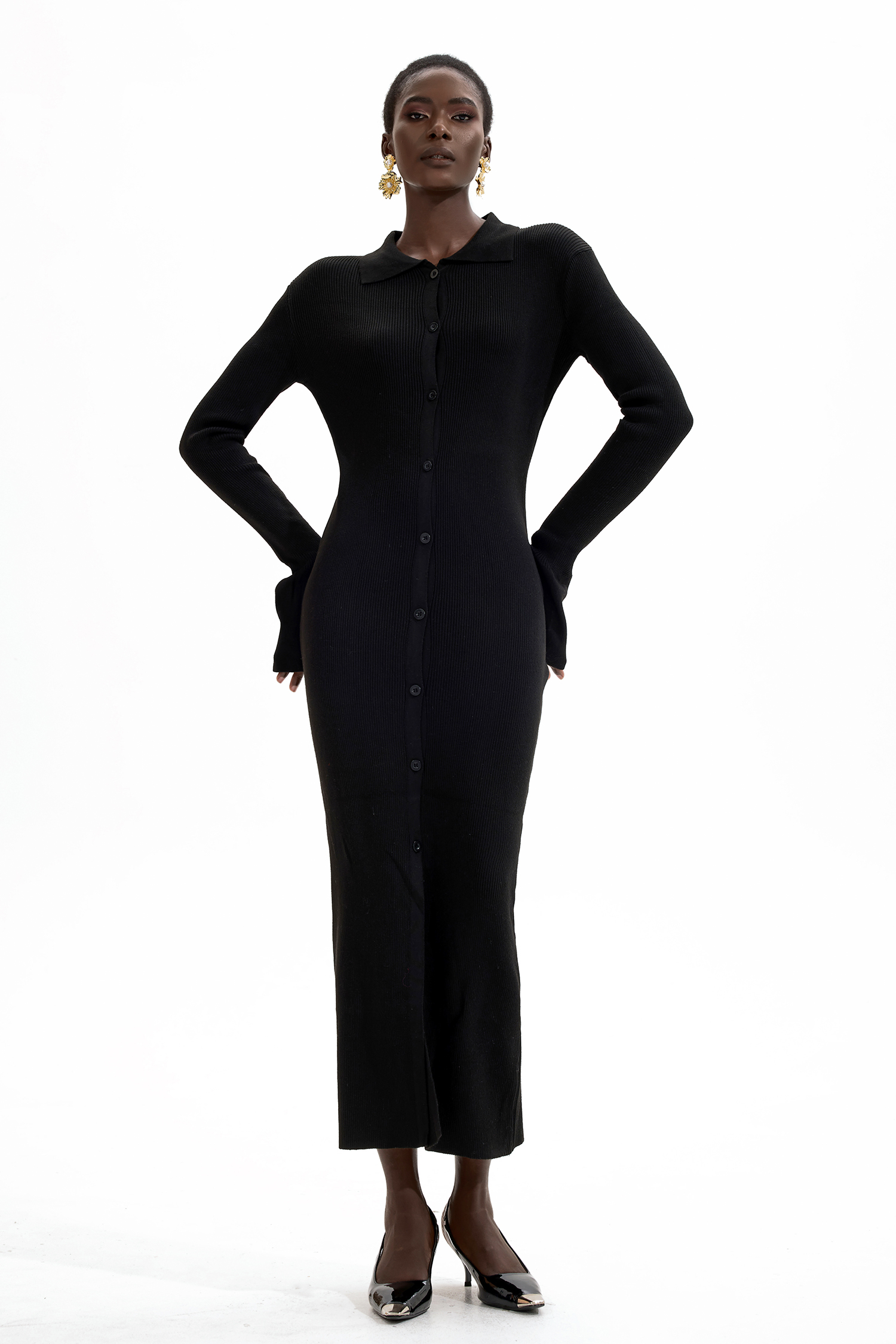 Jersey Solid Button Midi Dress Black