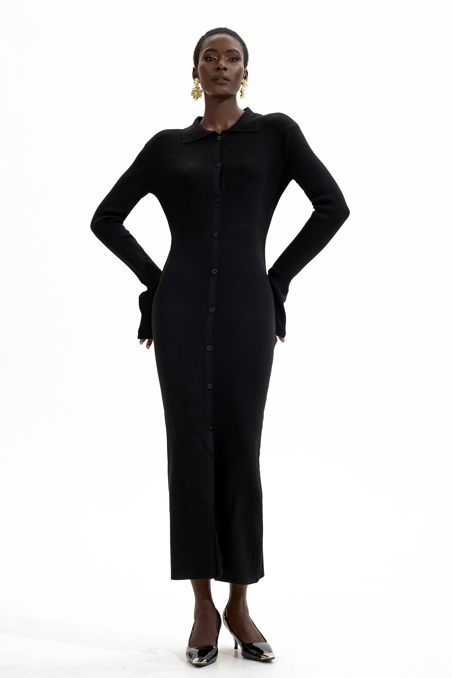 Jersey Solid Button Midi Dress Black