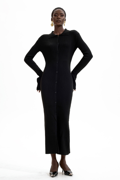Jersey Solid Button Midi Dress Black
