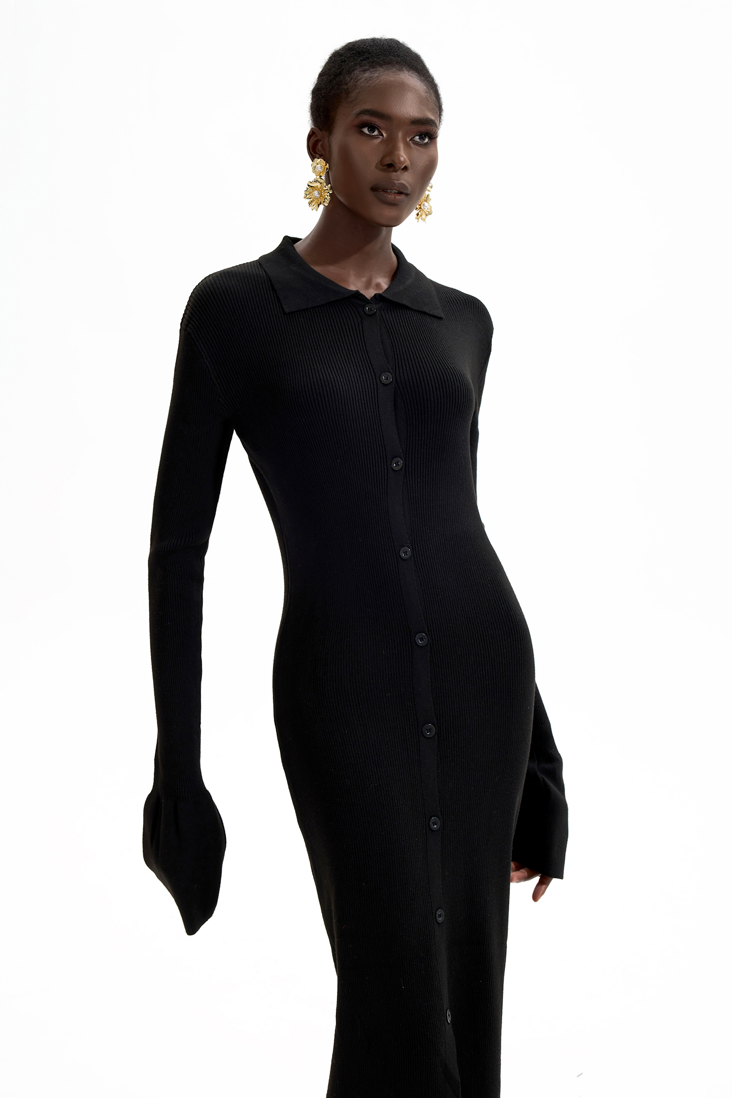 Jersey Solid Button Midi Dress Black