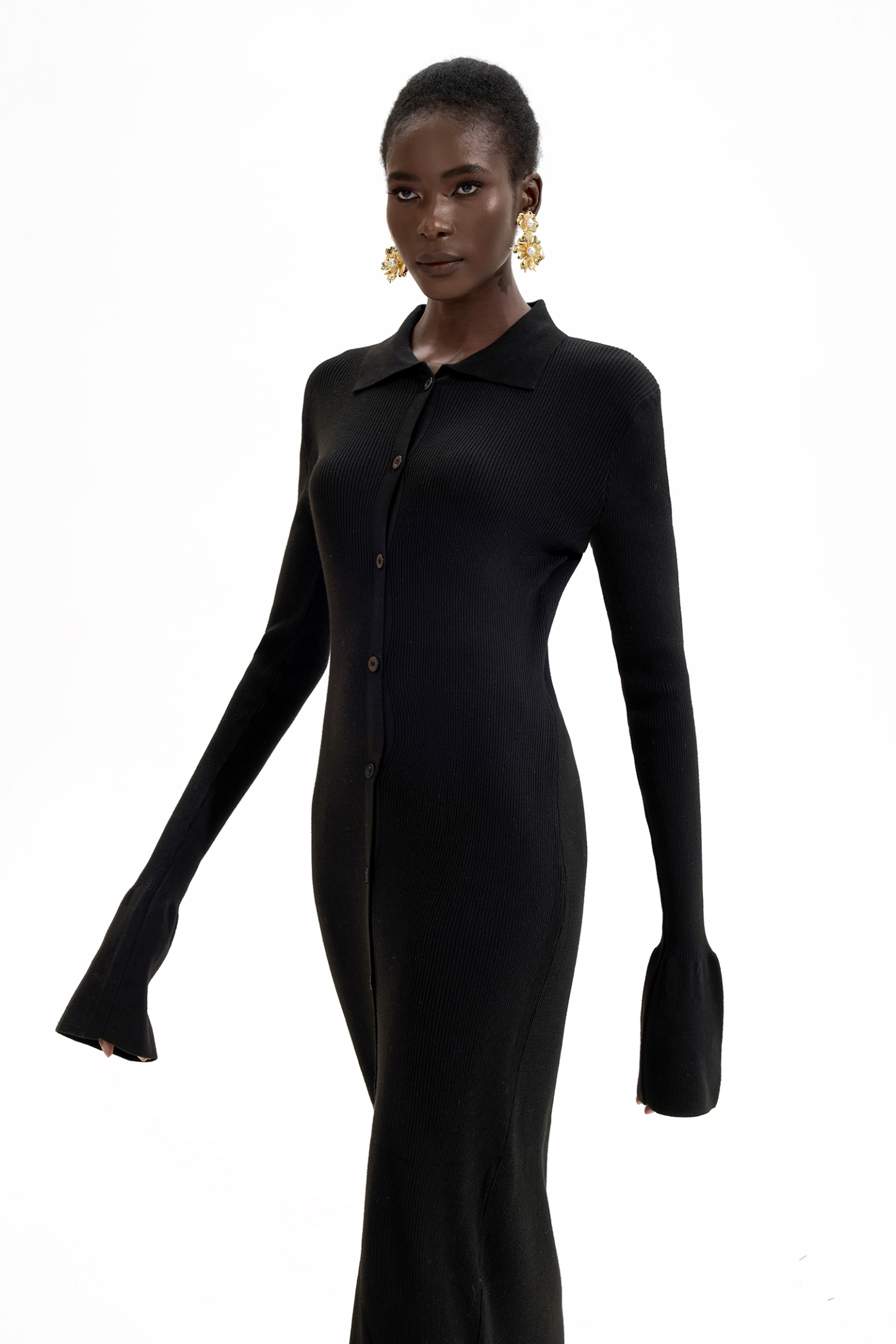 Jersey Solid Button Midi Dress Black